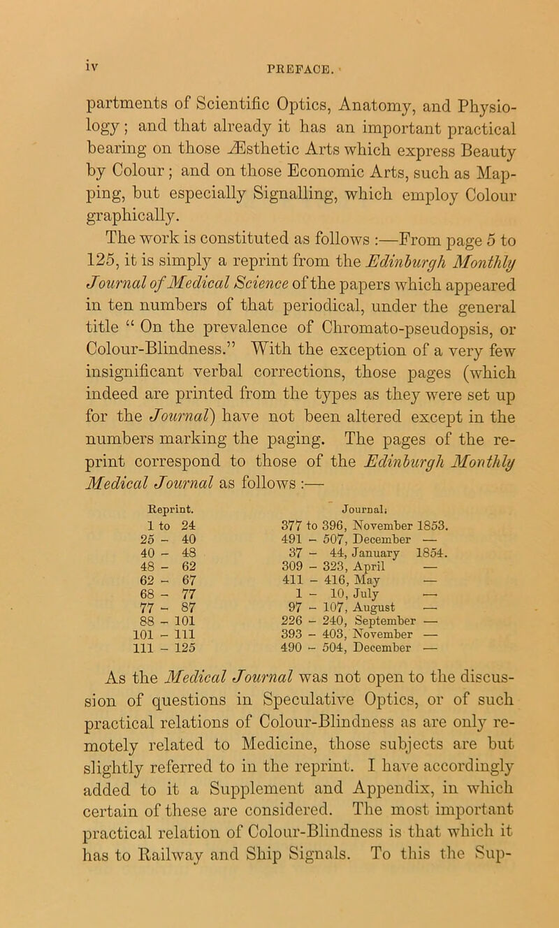 partments of Scientific Optics, Anatomy, and Physio- logy ; and that already it has an important practical hearing on those iEsthetic Arts which express Beauty by Colour; and on those Economic Arts, such as Map- ping, but especially Signalling, which employ Colour graphically. The work is constituted as follows :—From page 5 to 125, it is simply a reprint from the Edinburgh Monthly Journal of Medical Science of the papers which appeared in ten numbers of that periodical, under the general title “ On the prevalence of Chromato-pseudopsis, or Colour-Blindness.” With the exception of a very few insignificant verbal corrections, those pages (which indeed are printed from the types as they were set up for the JournaV) have not been altered except in the numbers marking the paging. The pages of the re- print correspond to those of the Edinburgh Monthly Medical Journal as follows :— Reprint. Journal; 1 to 24 377 to 396, November 1853. 25 - 40 491 - 507, December — 40 - 48 37 — 44, January 1854. 48 - 62 309 - 323, April — 62 - 67 411 - 416, May — 68 - 77 1 - 10, July ■—• 77 - 87 97 - 107, August — 88 - 101 226 — 240, September — 101 - 111 393 - 403, November — 111 - 125 490 “ 504, December — As the Medical Journal was not open to the discus- sion of questions in Speculative Optics, or of such practical relations of Colour-Blindness as are only re- motely related to Medicine, those subjects are but slightly referred to in the reprint. I have accordingly added to it a Supplement and Appendix, in which certain of these are considered. The most important practical relation of Colour-Blindness is that which it has to Bailway and Ship Signals. To this tlie Sup-