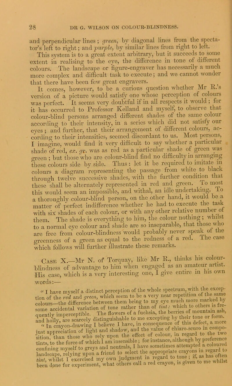 and perpendicular lines; green, by diagonal lines from tlie specta- tor’s left to right; and inirple, by similar lines from right to left. This system is to a great extent arbitrarj--, but it succeeds to some extent i'll realising to the eye, the difference in tone of different colours. The landscape or figure-engraver has necessarily a much more complex and difficult task to execute; and we cannot wondei that there have been few great engravers. _ ^ It comes, however, to be a curious question whether Mr R. s version of a picture would satisfy one whose perception of colours was perfect. It seems very doubtful if in all respects it would ; foi it has occurred to Professor Kelland and myself, to observe that colour-blind persons arranged different shades of the same colour according to their intensity, in a series which did not satisfy our eyes ; and further, that them arrangement of different colours, ac- cording to their intensities, seemed discordant to us. Most persons, I imagine, would find it very difficult to say whether a particular shade of red, ex. gv. was as red as a particular shade of green was imeen ; but those who are colour-blind find no difficulty in arranging these colours side by side. Thus : let it be required to imitate in colours a diagram representing the _ passage from white to black tbrouo-h twelve successive shades, with the further condition that these%haU be alternately represented in red and green. To m^t this would seem an impossible, and withal, an idle undertaking, lo a thoroughly colour-blind person, on the other hand, it would be a matter of perfect indifference whether he had to execute the task with six shades of each colour, or with any other relative number of them. The shade is everything to him, the colour nothing ; whi st to a normal eye colour and shade are so inseparable, that those who are free from colour-blindness would probably never speak of the greenness of a green as equal to the redness of a red. I he case which follows will furthei’ illustrate these remarks. Case X.—Mr N. of Torquay, like Mr R., thinks Ins colour- blindness of advantage to him when engaged as an amateur artist. His case, which is a veiy interesting one, I give entire in Ins own words:— “ I have myself a distinct perception of the whole spectrum, with Uie excep- tion of the red and green, which seem to he a very near repetition of the same colours—the difference between them being to my eye '’^uch niore marked b> some accidental variation of tone rather than of tint; which to others is f - auentlv imperceptible. The flowers of a fuchsia, the berries of mountain ash, and hoUv are scarcely distinguishable to me excepting by their tone or form. - n cmvoldiaW I belitve I have, in consequence of this defect, a more iust appreciation of light and shadow, and the value of chiaro-scmomcompo- ifffon^ t m^thCsr w rely upon the effect of colour, in regard to the two t nts to the force of which 1 am insensible ; for instance, although by preference conLing mS to greys and neutrals, I have sometimes attempted a coloured tadsc pi a tnmi to select the opp. o„,,»^ c^ons m regard to imi, whilst I exercised my own judgment m regard to tone f,^ been done for experiment, what others call a red crayon, is guen to me nhilst