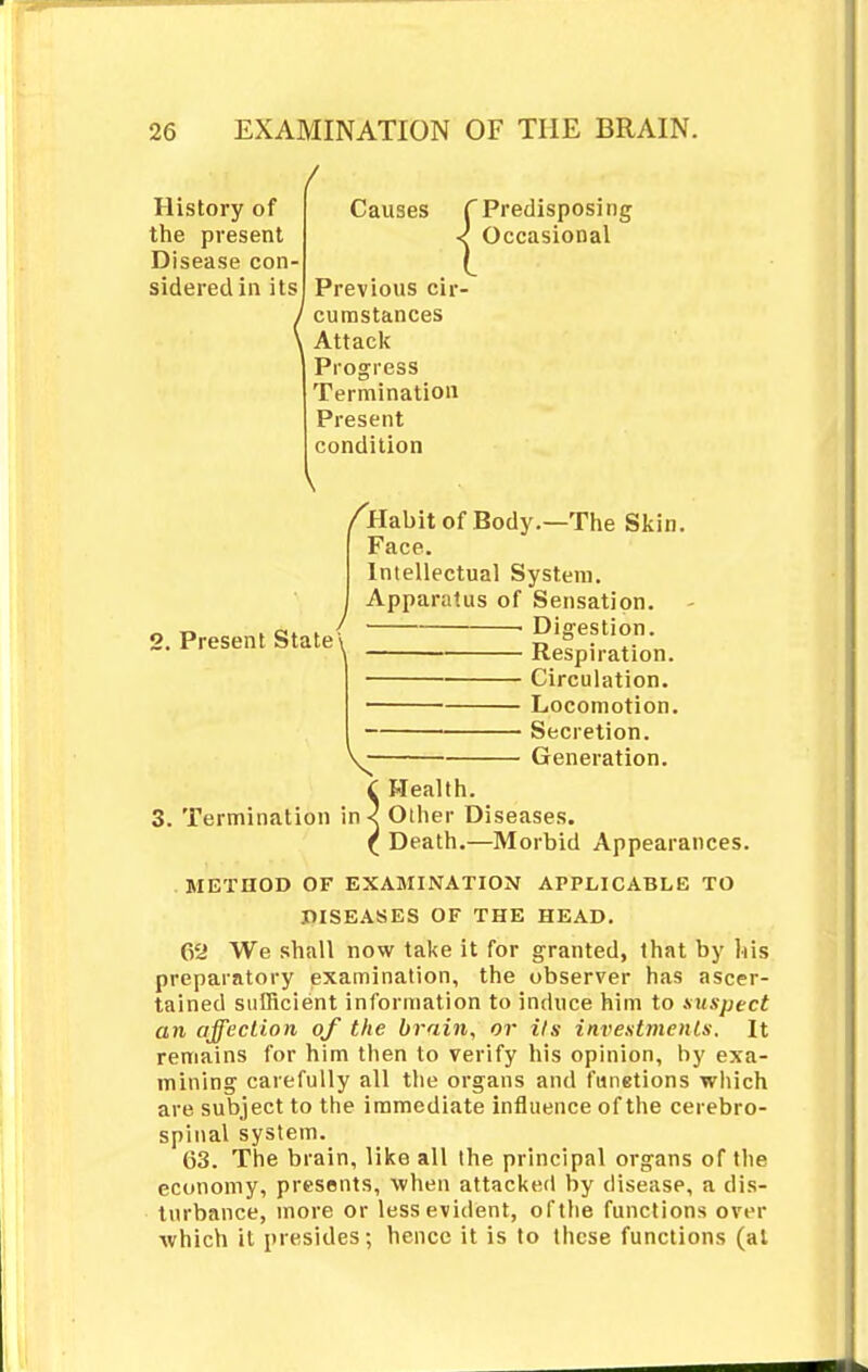 History of the present Disease con- sidered in its 2. Present State \ / Causes C Predisposing < Occasional Previous cir- cumstances Attack Progress Termination Present condition /Habit of Body.—The Skin. Face. Intellectual System. . Apparatus of Sensation. - / ■ Digestion. v- 3. Termination in Respiration. Circulation. Locomotion. Secretion. Generation. Wealth. Other Diseases. Death.—Morbid Appearances. METHOD OF EXAMINATION APPLICABLE TO .DISEASES OF THE HEAD. G2 We shall now take it for granted, that by his preparatory examination, the observer has ascer- tained sufficient information to induce him to suspect an affection of the brain, or its investments. It remains for him then to verify his opinion, by exa- mining carefully all the organs and funetions which are subject to the immediate influence of the cerebro- spinal system. 63. The brain, like all the principal organs of the economy, presents, when attacked by disease, a dis- turbance, more or less evident, of the functions over which it presides; hence it is to these functions (at