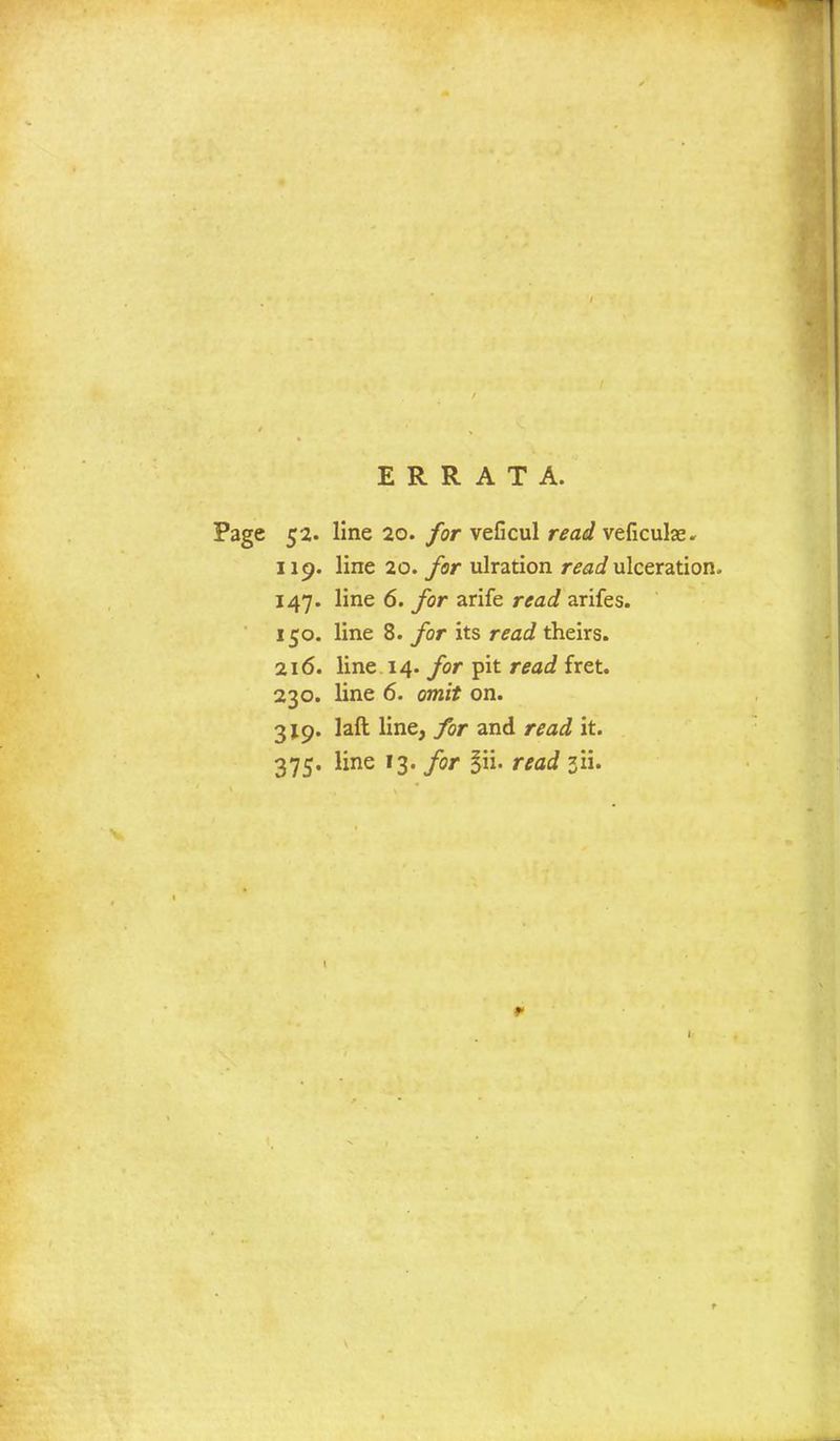 ERRATA. 52. line 20. for veficul read veficulse. up. line 20. for ulration read ulceration. 147. line 6. for arife read arifes. 150. line 8. for its read theirs. 216. line 14. for pit read fret. 230. line 6. omit on. 3X9. laft line, for and read it. 375. line 13. for §ii. read sii.