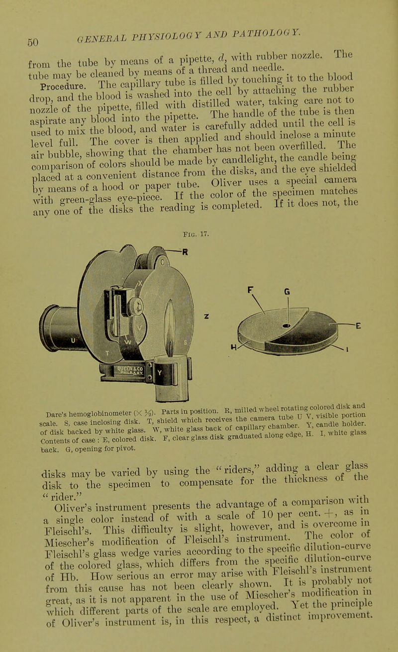 Th e from the tube by means of a pipette, d with rubber nozzle. be cl Jed b, means 0, a t^-/™f ^ «•, ,„„„a aroTand *e bZYS'Mr the'lu V attacLg the rubber t°rot t pipette, filled with distiUed wate, akrng - n by means of a hood or paper tube^ « 'J/Jj ^ spec men matches FIG. 17. Dare.Bhemoglobinometer(XK). ^-ts in position. K. milled M-h^^^^^^^^^^^^^ scale. S. case inclosing disk. T, shield which receives ^J^l^'ll^^^^^ l\ ^ndle holder, of disk backed by white glass. W, wh.te glass back of capil ar^^^^^^^ ^ I, white glass Contents of case : E, colored disk. F, clear glass disk graduated along edge, u. i, back. G, opening for pivot. disks maybe varied by using the aiders/' addmg a deai^^ disk to the specimen to compensate for the thickness ot the ''oWs instrument presents the advantage of a comim-i.onjit^^^ a single color instead of with a scale of 10 per ^eut +, as Fleischl's. This difficulty is slight however, and ^^oveicon^ m Miescher's modification of Fleischl's instrunient. Jhc c« Fleischl's glass wedge varies accordmg to the specific ^ ^ ^ of the colored glass, which differs from ^he ^pec^f^^^^^^^^^ of Hb. How serious an error may arise with from this cause has not been clearly shown It is P^Pi^^^ > great, as it is not apparent in the use of ^lescjier's inodifi a^ o^^^ which different parts of the scale are employed ^ h m™nc?it of Oliver's instrument is, in this respect, a distinct impunemcnt.