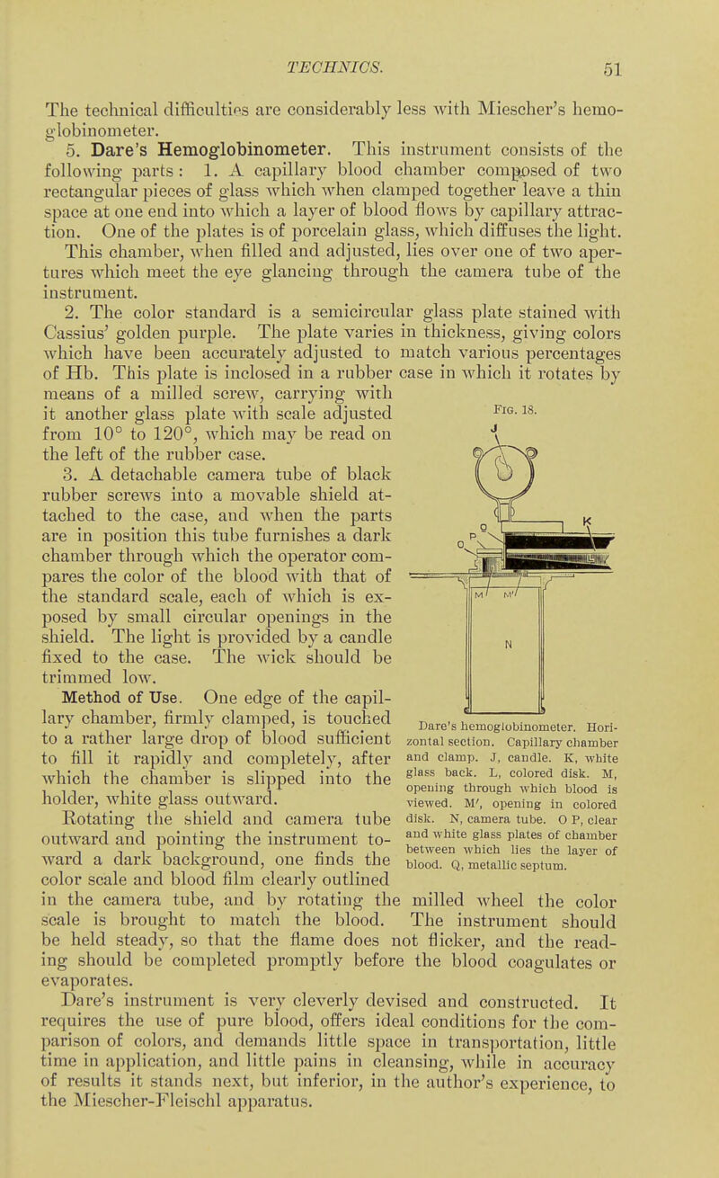 The technical difficulties are considerably less with Miescher's hemo- globinometer. 5. Dare's Hemoglobinometer. This instrument consists o£ the following parts: 1. A capillary blood chamber compj^sed of two rectangular pieces of glass which when clamped together leave a thin space at one end into which a layer of blood flows by capillary attrac- tion. One of the plates is of porcelain glass, which diffuses the light. This chamber, when filled and adjusted, lies over one of two aper- tures which meet the eye glancing through the camera tube of the instrument. 2. The color standard is a semicircular glass plate stained with Cassius' golden purple. The plate varies in thickness, giving colors which have been accurately adjusted to match various percentages of Hb. This plate is inclosed in a rubber case in which it rotates by means of a milled screw, carrying with it another glass plate with scale adjusted from 10° to 120°, which may be read on the left of the rubber case. 3. A detachable camera tube of black rubber screws into a movable shield at- tached to the case, and when the parts are in position this tube furnishes a dark chamber through which the operator com- pares the color of the blood with that of the standard scale, each of which is ex- posed by small circular openings in the shield. The light is provided by a candle fixed to the case. The wick should be trimmed low. Method of Use. One edge of the capil- lary chamber, firmly clamj^ed, is touched to a rather large drop of blood sufficient to fill it rapidly and completely, after which the chamber is slipped into the holder, white glass outward. Rotating the shield and camera tube outward and pointing the instrument to- ward a dark background, one finds the color scale and blood film clearly outlined in the camera tube, and by rotating the milled wheel the color scale is brought to match the blood. The instrument should be held steady, so that the flame does not flicker, and the read- ing should be completed promptly before the blood coagulates or evaporates. Dare's instrument is very cleverly devised and constructed. It requires the use of pure blood, offers ideal conditions for the com- parison of colors, and demands little space in transportation, little time in application, and little pains in cleansing, while in accuracy of results it stands next, but inferior, in the author's experience, to the Miescher-Fleischl apparatus. Dare's hemoglobinometer. Hori- zontal section. Capillary chamber and clarap. J, candle. K, white glass back. L, colored disk. M, opening through which blood is viewed. M', opening in colored disk. N, camera tube. O P, clear and white glass plates of chamber between which lies the layer of blood. Q, metallic septum.