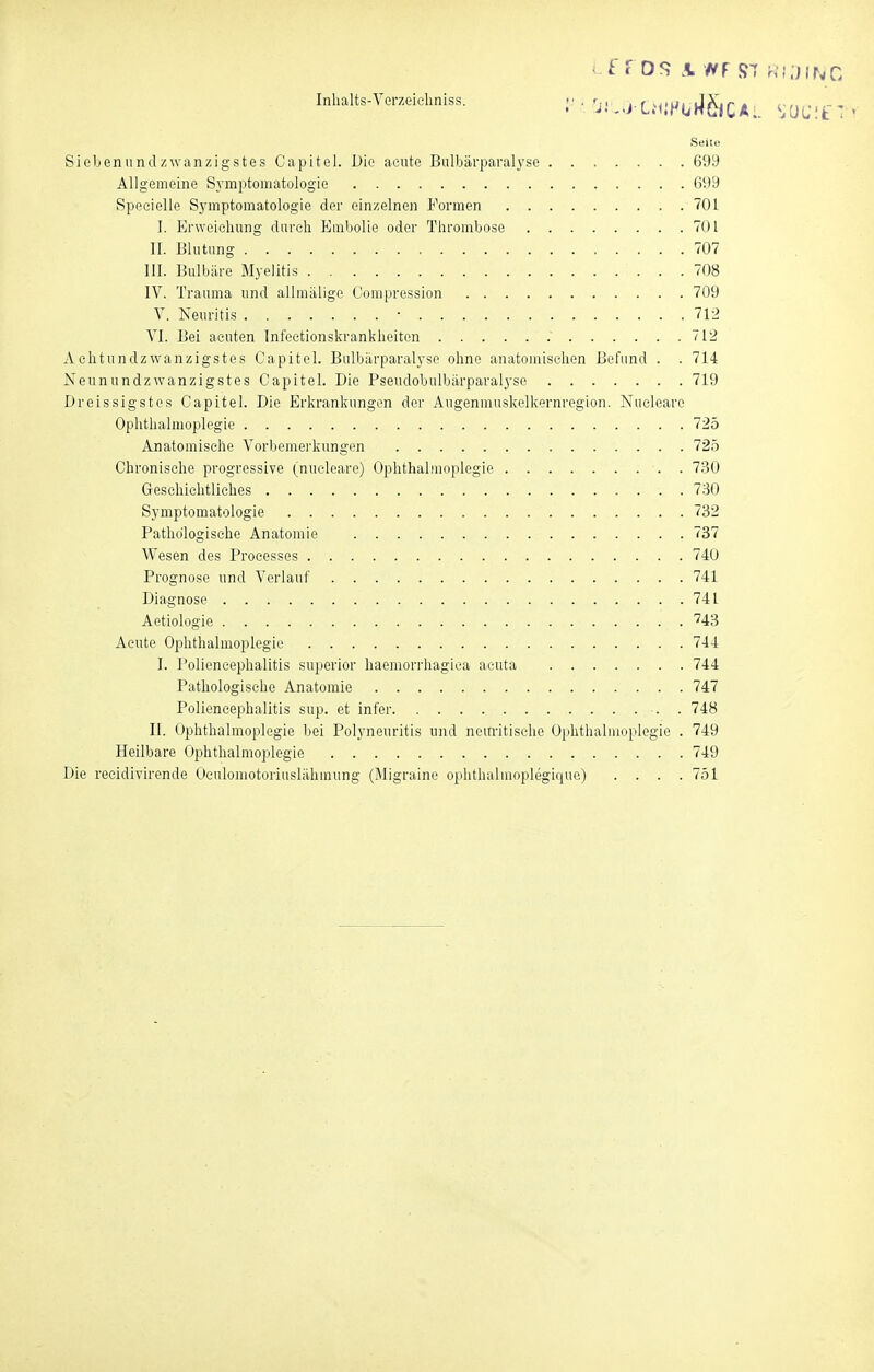 Sieljen und zwanzigstes Capitel. Die acute Bulbärparal^'se 699 Allgemeine S\'mi)tomatologie 699 Speeielle Symptomatologie der einzelnen Formen 701 I. Erwoieliung durch Embolie oder Thrombose 701 II. Blutung 707 III. Bulbäre Myelitis 708 IV. Trauma und allmäligo Compression 709 V. Neuritis • 712 VI. Bei acuten Infectionskrankheiten 712 Achtundzwanzigstes Capitel. Biilbärparalyse ohne anatomischen Befund . . 714 Neunundzwanzigstes Capitel. Die Pseudobulbärparalyse 719 Dreissigstes Capitel. Die Erkrankungen der Augenmuskelkernregion. Nucleare Ophthalmoplegie 725 Anatomische Vorbemerkungen 725 Chronische progressive (nucleare) Ophthalmoplegie 730 Geschichtliches 730 Symptomatologie 732 Pathologische Anatomie 737 Wesen des Processes 740 Prognose und Verlauf 741 Diagnose 741 Aetiologie 743 Acute Ophthalmoplegie 744 I. Poliencephalitis superior haemorrhagica acuta 744 Pathologische Anatomie 747 Poliencephalitis sup. et infer ■. . 748 II. Ophthalmoplegie bei Polyneuritis und neuritische Ophthalmoplegie . 749 Heilbare Ophthalmoplegie 749 Die recidivirende Oeulomotoriuslähuiung (Äligraine ophthalmoplegique) .... 751
