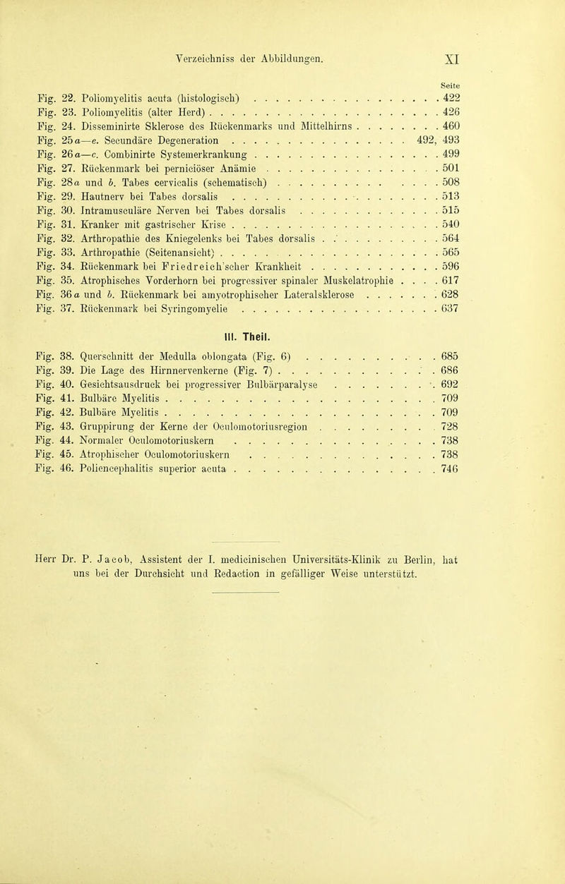 Seite Fig. 22. Poliomyelitis acuta (liistologiseli) 422 Fig. 23. Poliomyelitis (alter Herd) 426 Fig. 24. Disseminirte Sklerose des Eückenmarks und Mittelhirns 460 Fig. 25 o—e. Secundäre Degeneration 492, 493 Fig. 26 a—c. Combinirte Systemerkrankung 499 Fig. 27. Eiickenmark bei perniciöser Anämie 501 Fig. 28 a und b. Tabes cervicalis (sehematisch) 508 Fig. 29. Hautnerv bei Tabes dorsalis - 513 Fig. 30. Intramuseuläre Nerven bei Tabes dorsalis 515 Fig. 31. Kranker mit gastrischer Krise 540 Fig. 32. Arthropathie des Kniegelenks bei Tabes dorsalis . .' 564 Fig. 33. Arthropathie (Seitenansicht) 565 Fig. 34. Eiickenmark bei Friedreich'scher Krankheit 596 Fig. 35. Atrophisches Vorderhorn bei progressiver spinaler Muskelatrophie .... 617 Fig. 36 a und h. Eiickenmark bei amyotrophiseher Lateralsklerose 628 Fig. 37. Eiickenmark bei Syringomyelie 637 III. Theil. Fig. 38. Querschnitt der Medulla oblongata (Fig. 6) 685 Fig. 39. Die Lage des Hu-nnervenkerne (Fig. 7) 686 Fig. 40. Gesichtsausdruck bei progressiver Bulbärparalyse '. 692 Fig. 41. Bulbäre Myelitis 709 Fig. 42. Bulbäre Myelitis 709 Fig. 43. Gruppirung der Kerne der Oculomotoriusregion 728 Fig. 44. Normaler Oculomotoriuskern 738 Fig. 45. Atrophischer Oculomotoriuskern 738 Fig. 46. Polieneephalitis superior acuta 746 Herr Dr. P. Jacob, Assistent der L medieinischen Üniversitäts-Klinik zu Berlin, hat uns bei der Durchsicht und Eedaction in gefälliger Weise unterstützt.
