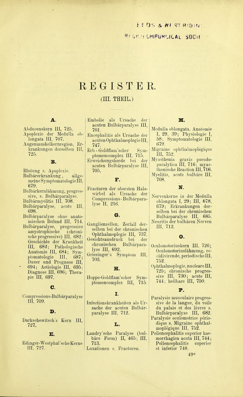 i: l Ds A Hl vr ff irr. w REGISTER. (III. THEIL.) A. Abducenfskern III, 725. Apoplexie der Mediilla ob- longata III, 707. x^ugenmiiskelkernrogion, Er- krankungen derselben III, 725. B. Blutung s. Apoplexie. Biilbärerkrankung, allge- meine Symptomatologielll, 679. Bulbärkernlälimung, progres- sive, s. Bulbärparalyse. Bulbiirmyelitis IK, 708. Bulbärparalyse, acute III, 698. Bulbärparalyse ohne anato- misclien Befund III, 714. Bulbärparalyse, progressive amyotrophische (chroni- sche progressive) III, 682; Geschichte der Krankheit III, 682; Pathologische Anatomie III, 684; Sym- ptomatologie III, 687; Dauer und Prognose III, 694; Aetiologie III, 695; Diagnose III, 696; Thera- pie III, 697. C. Compressions-Bulbärparalyse III, 709. D. Darkschewitsch's Kern III, 727. E. Edinger-Westphal'sche Kerne III, 727. Embolie als Ursache der acuten Bulbärparalyse III, 701. Encephalitis als Ursache der acuten Ophthalmoplegie III, 747. Erb - Goldflam'scher Sym- ptomencomplex III, 715. Ervveiehungsherde bei der acuten Bulbärparalyse III, 705. F. Fraeturen der obersten Hals- wirbel als Ursache der Compressions-Bulbärpara- lyse II, 216. G. Ganglienzellen, Zerfall der- selben bei der chronischen Ophthalmoplegie III, 737. Gesichtsausdruck bei der chronischen Bulbärpara- lyse III, 692. Griesinger's Symptom III, 703. H. Hoppe-Goldflam'scher Sym- ptomeneomplex III, 715. I. Infectionskrankheiten als Ur-! Sache der acuten Bulbär- paralyse III, 712. L. Landry'sehe Paralyse (bul- bäre Form) U, 465; III, 713. Luxationen s. Fraeturen. in. Medulla oblongata, Anatomie I, 29, 39; Physiologie I, 58; Symptomatologie III, 679. Migraine ophthalmoplegique III, 752. Myasthenia gravis pseudo- paralytica III, 716; myas- thenische Eeaetion III, 716. Myelitis, acute Inilbäre III, 708. N. Nervenkerne in der Medulla oblongata I, 29; III, 678, 679; Erkrankungen der- selben bei der chronischen Bulbärparalyse III, 685. Neuritis der bulbären Nerven III, 712. O. Oculoraotoriuskern III, 726; Oculomotoriuslähmung, re- eidivirende, periodischem, 752. Ophthalmoplegie, nucleare III, 725; chronische progres- sive III, 730; acute III, 744; heilbare III, 750. P. Paralysie musculaire progres- sive de la langue, du volle du palais et des levres s. Bulbärparalyse III, 682. Paralysie oculomotriee perio- dique s. Migraine ophthal- moplegique III, 752. Poliencephalitis superior hae- morrhagiea acuta III, 744; Poliencephalitis superior et inferior 748. 49*