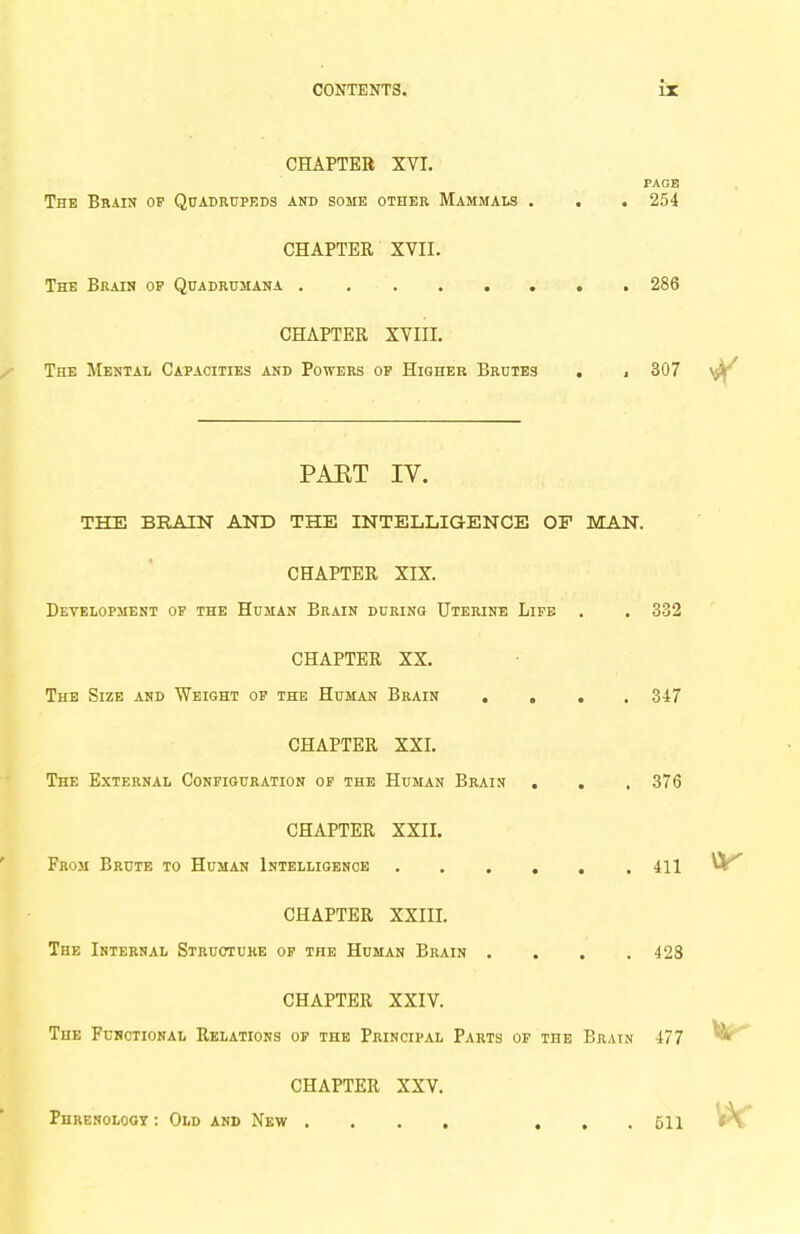 CONTENTS, IT CHAPTER XVI. PAOB The Brain of Quadrupeds and some other Mammals . . . 254 CHAPTER XVII. The Brain op Quadrusiana 286 CHAPTER XVIII. The Mental Capacities and Powers op Higher Brutes . j 307 PAET IV. THE BRAIN AND THE INTELLIOENCE OP MAN. CHAPTER XIX. Development op the Human Brain during Uterine Life . . 332 CHAPTER XX. The Size and Weight op the Human Brain .... 347 CHAPTER XXI. The External Configuration op the Human Brais . , , 376 CHAPTER XXII. From Brute to Human Intelligence 411 CHAPTER XXIII. The Internal Structure of the Human Brain .... 428 CHAPTER XXIV. The Functional Relations op the Principal Parts of the Brain 477 CHAPTER XXV. Phrenologz: Old and New . . . , . . .511