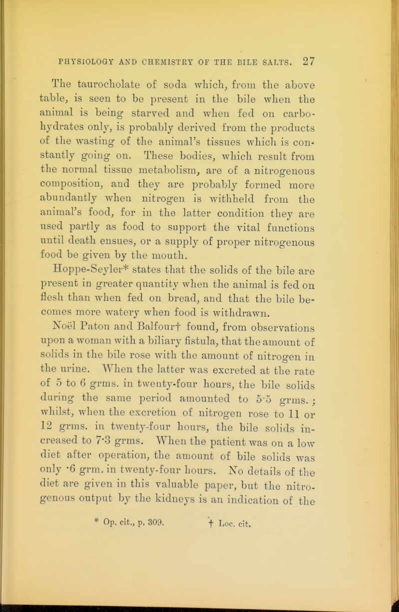 The taurocliolate of soda wliicli^ from tlie above table, is seen to be present in the bile when the animal is being starved and when fed on carbo- hydrates only, is probably derived from the products of the wasting of the animal's tissues which is con- stantly going on. These bodies, which result from the normal tissue metabolism, are of a nitrogenous composition, and they are probably formed more abundantly when nitrogen is withheld from the animal's food, for in the latter condition they are used partly as food to support the vital functions until death ensues, or a supply of proper nitrogenous food be given by the mouth. Hoppe-Seyler* states that the solids of the bile are present in greater quantity when the animal is fed on flesh than when fed on bread, and that the bile be- comes more watery when food is withdrawn. Noel Paton and Balfourf found, from observations upon a woman with a biliary fistula, that the amount of solids in the bile rose with the amount of nitrogen in the urine. When the latter was excreted at the rate of 5 to 6 grms. in twenty-four hours, the bile solids daring the same period amounted to O'S grms. ; whilst, when the excretion of nitrogen rose to 11 or 12 grms. in twenty-four hours, the bile solids in- creased to 7-3 grms. When the patient was on a low diet after operation, the amount of bile solids was only -6 grm. in twenty-four hours. Xo details of the diet are given in this valuable paper, but the nitro- genous output by the kidneys is an indication of the