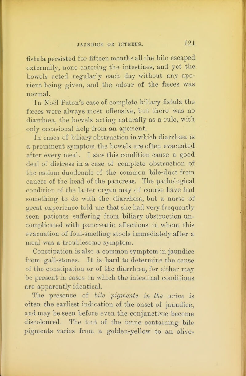 fistula persisted for fifteen montlis all tlie bile escaped externally, none entering tlie intestines, and yet the bowels acted regularly each day without any ape- rient being given, and the odour of the fteces was normal. In Noel Patents case of complete biliary fistula the fEeces were always most offensive, but there was no diarrhoea, the bowels acting naturally as a rule, with only occasional help from an aperient. In cases of biliary obstruction in which diarrhoea is a prominent symptom the bowels are often evacuated after every meal. I saw this condition cause a good deal of distress in a case of complete obstruction of the ostium duodenale of the common bile-duct from cancer of the head of the pancreas. The pathological condition of the latter organ may of course have had something to do with the diarrhoea, but a nurse of great experience told me that she had very frequently seen patients suffering from biliary obstruction un- complicated with pancreatic affections in whom this evacuation of foul-smelling stools immediately after a meal was a troublesome symptom. Constipation is also a common symptom in jaundice from gall-stones. It is hard to determine the cause of the constipation or of the diarrhoea, for either may be present in cases in which the intestinal conditions are apparently identical. The presence of bile pigments in the urine is often the earliest indication of the onset of jaundice, and may be seen before even the conjunctivas become discoloured. The tint of the urine containing bile pigments varies from a golden-yellow to an olive-