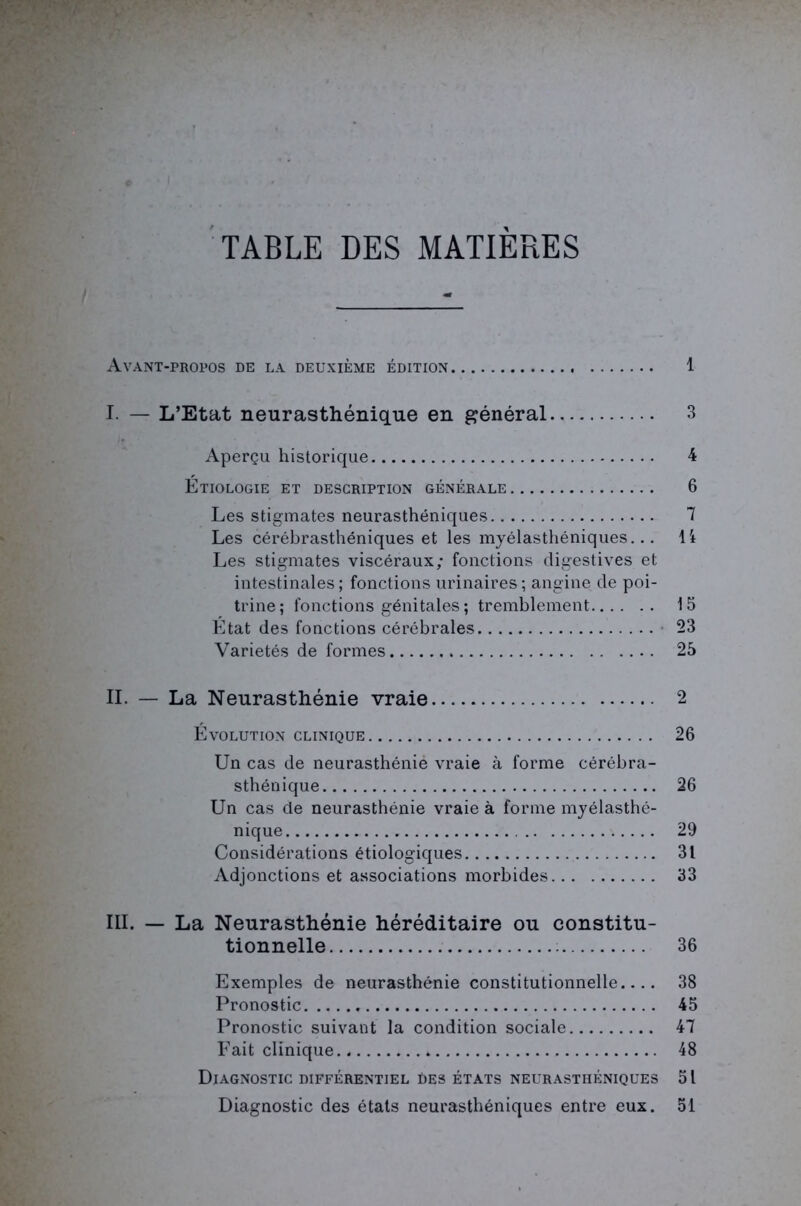 TABLE DES MATIERES Avant-propos de la deuxième édition 1 I. — L’Etat neurasthénique en général 3 Aperçu historique 4 Etiologie et description générale 6 Les stigmates neurasthéniques 7 Les cérébrasthéniques et les myélasthéniques... Il Les stigmates viscéraux; fonctions digestives et intestinales ; fonctions urinaires ; angine de poi- trine; fonctions génitales ; tremblement 15 Etat des fonctions cérébrales 23 Variétés de formes 25 IL — La Neurasthénie vraie 2 Évolution clinique 26 Un cas de neurasthénié vraie à forme cérébra- sthénique 26 Un cas de neurasthénie vraie à forme myélasthé- nique 29 Considérations étiologiques 31 Adjonctions et associations morbides 33 III. — La Neurasthénie héréditaire ou constitu- tionnelle 36 Exemples de neurasthénie constitutionnelle.... 38 Pronostic 45 Pronostic suivant la condition sociale 47 Fait clinique. 48 Diagnostic différentiel Des états neurasthéniques 51 Diagnostic des états neurasthéniques entre eux. 51