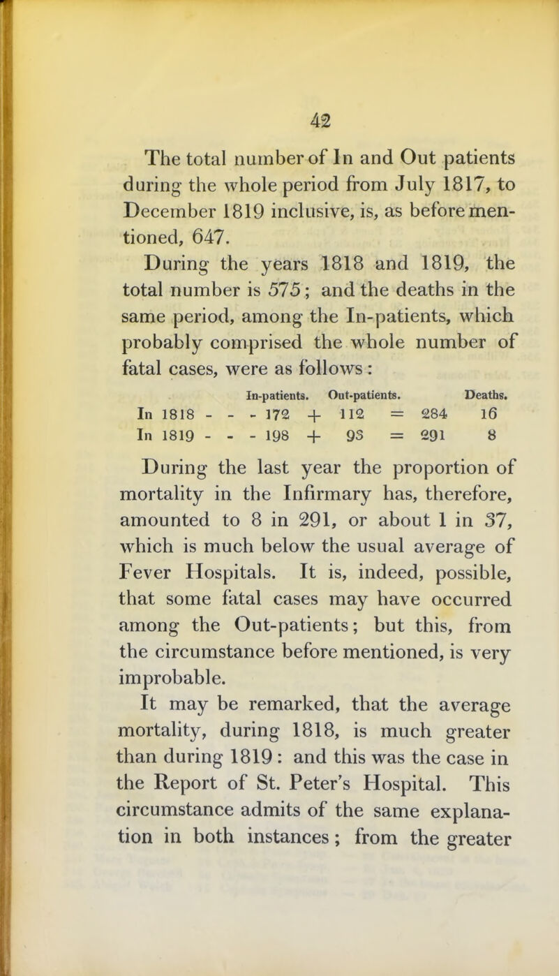 The total number of In and Out patients during the whole period from July 1817, to December 1819 inclusive, is, as before men- tioned, 647. During the years 1818 and 1819, the total number is 575; and the deaths in the same period, among the In-patients, which probably comprised the whole number of fatal cases, were as follows: In-patients. Out-patients. Deaths. In 1818 - - - 172 + 112 = 284 16 In 1819 - - - 198 + 93 = 291 8 During the last year the proportion of mortality in the Infirmary has, therefore, amounted to 8 in 291, or about 1 in 37, which is much below the usual average of Fever Hospitals. It is, indeed, possible, that some fatal cases may have occurred among the Out-patients; but this, from the circumstance before mentioned, is very improbable. It may be remarked, that the average mortality, during 1818, is much greater than during 1819 : and this was the case in the Report of St. Peter's Hospital. This circumstance admits of the same explana- tion in both instances; from the greater