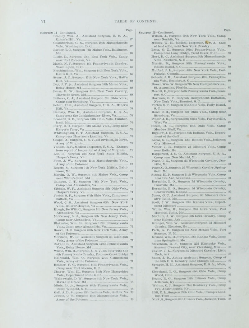 I*ago. Section II—Continued. Bradley Win. A., Assistant Surgeon, U. S. A., Upton’s Hill, Va 07 Chamberlain, C. N., Surgeon 10th Massachusetts Vols., Washington, D. C 67 Barker, T. C., Surgeon 7th Maine Vols., Baltimore, Md 08 Little, I)., Surgeon 13th New York Vols., Camp near Fort Corcoran, Va 68 Marsh, N. F., Surgeon 4th Pennsylvania Cavalry, Washington, 1). C 68 Frothlngham, Wm., Surgeon 41th New York Vols., Hull s Hill, Va 68 Stuart, J. C., Surgeon 17th New York Vols., Hall’s Hill, Va 60 Day, J. F.,jr., Assistant Surgeon 10th Maine Vols., Relay House, Md 09 Pease, U. W., Surgeon 10th New York Cavalry, Havre do Grace, Md 00 Bellows, C. J., Assistant Surgeon 5th Ohio Vols., Camp near Strasburg, Va 69 Schell, H. S., Assistant Surgeon, U. S. A., Miner’s Hill, Va 70 Ramsey, Wm. R., Assistant Surgeon, U. S. A., Camp near the Chiclcahominy River, Va 70 Leonard, B. B., Surgeon 84th Ohio Vols., Cumber- land, Md * 70 Perry, D. O., Surgeon 10th Maine Vols., Camp near Harper’s Ferry, Va 70 Whittingham, E. T., Assistant Surgeon, U. S. A., Camp near Harrison’s Landing, Va 70 Chapel, A., Surgeon, U. S. V., 1st Divisionv2d Corps, Army of Virginia 70 Votlum, E. P., Medical Inspector, U. S. A. Extract from report of Inspection of Army of Virginia.. 71 Lee, B., Surgeon 22d New York State Militia, Harper’s Ferry, Va 71 Foye, J. W., Surgeon 11th Massachusetts Vols., Army of the Potomac 72 Rogers, S., Surgeon 7th New York Militia, Balti- more, Md 73 Martin, G. W., Surgeon 4th Maine Vols., Camp near White’s Ford, Md 73 Calhoun, J. T., Surgeon 74th New York Vols., Camp near Alexandria, Va 73 Tibbals, W. F., Assistant Surgeon 5th Ohio Vols., Harper’s Ferry, Va 74 Forbes, S. F., Surgeon 67th Ohio Vols., Camp near Suffolk, Va 74 Wood, C. S., Assistant Surgeon 66th New York Vols., Bolivar Heights, Va 74 Hough, De Witt C., Surgeon 7th New Jersey Vols., Alexandria, Va 75 McKclway, A. J., Surgeon 8th New Jersey Vols., Camp near Alexandria, Va 75 Blalteslee, Wm. It., Surgeon 115th Pennsylvania Vols., Camp near Alexandria, Va 76 Brown, H. E., Surgeon 70th New York Vols., Army of the Potomac - 76 Morrison, W. B., Assistant Surgeon 3d Michigan Vols., Army of the Potomac 77 Cady.C. E., Assistant Surgeon 133th Pennsylvania Vols., Relay House, Md 77 White, Wm. H., Surgeon, U.S. V.,on duty with tho 4th Pennsylvania Cavalry, Potomac Creek Bridge 77 McDonald, Wm. O., Surgeon 27lh Connecticut Vols., Army of the Potomac 77 Reamer, F. C., Surgeon 113d Pennsylvania Vols., Camp near Fort Slocum, D. C 78 Thayer, Wm. H., Surgeon 14th New Hampshire Vols., Department of tho Gulf 78 Walnwrlght, D. W., Surgeon 4th Now York Vols., HaviOdo Grace, Md 78 Minis, D., Jr., Surgeon 18th Pennsylvania Vols., i temp Winfield, N. 0 - T B Gall, A. D.,Surgeon 13tli Indiana Vols., Suffolk, Va 79 Jewett, C. C., Surgeon 16th Massachusetts Vols., Army of the Potomac 71) Pago. Section II—Continued. Wilson, J., Surgeon 99th New York Vols., Camp near Norfolk, Va 79 Mussey, W. II., Medical Inspector, TT. S. A. Case of lead colic, in 3d New York Cavalry 79 Bretz, G. Z., Surgeon 101st Pennsylvania Vols., Camp near Long Bridge, Trent River, N. C 80 Hoyt, D. C-, Assistant Surgeon 5th Massachusetts Vols., Ncwbern, N. C 80 Merritt, D., Surgeon 55th Pennsylvania Vols., Edisto Island, S. C 80 Mulford, J. L., Surgeon 48th New Y'ork Vols., Fort Pulaski, Georgia 80 Scheetz, J. H., Assistant Surgeon 47th Pennsylva- nia Vols., Beaufort, S. C 80 Brown,Wm. W. Surgeon7th New Hampshire Vols., St. Augustine, Florida 81 Merritt, D., Surgeon 55th Pennsylvania Vols., Beau- fort, S.C — 81 Harrison, B. F., Surgeon Independent Battalion, New York Vols., Beaufort, S. C 82 Forbes, S. F., Surgeon 67th Ohio Vols., Folly Island, S.C. 82 Hood, C. H., Surgeon U2d Ohio Vols., Camp near. Strasburg, Va 83 Potter, J. B., Surgeon30th Ohio Vols., Fayetteville, West Va S3 Steele, H. K., Surgeon 44th Ohio Vols., Camp Meadow Bluff, Va 83 Bigelow, J. K., Surgeon 8th Indiana Vols., Depart- ment of the Gulf 83 Lucas, G. L., Surgeon 47th Illinois Vols., Jefferson City, Missouri 83 Veeter, J. R., Surgeon 2d Missouri Vols., Camp near Roll a. Mo 84 Happersett, J. C. G., Assistant Surgeon, U. S. A., Camp near New Madrid, Mo 84 Pease, C. G., Surgeon 2d Wisconsin Cavalry, Cass- ville, Mo 84 Pease, C. G.,Surgeon 2d Wisconsin Cavalry, Spring- Held, Mo 84 Strong, H. P., Surgeon 11th Wisconsin Vols.. Camp near Des Arc, Arkansas 84 Reynolds, B. O., Surgeon 3d Wisconsin Cavalry, Cassville, Mo 84 Reynolds, B. O., Surgeon 3d Wisconsin Cavalry, Leavenworth, Kansas 85 Jones, G. C., Assistant Surgeon 3d Missouri Cav- alry, Roll a, Mo 85 Scott, J. W., Surgeon 10th Kansas Vols., Depart- ment Missouri 85 White, Wm. H., Surgeon 2kl Iowa Vols., Post Hospital, Rolla, Mo 85 MeClure, A. W., Surgeon 4th Iowa Cavalry, Camp near Helena, Ark 83 Granger, Wm. W„ Assistant Surgeon 3d Missouri Cavalry, Houston, Mo 88 Peck, A. F., Surgeon 1st New Mexico Vols., Fort Stanton, N. M 86 Grimes, Wm. II., Surgeon 13th Kansas Vols., Camp near Springfield, Mo 86 Stevenson, B. F., Surgeon 22d Kentucky Vols., Steamer Crescent City, near Vicksburg, Miss 86 Taylor, J. L., Surgeon 3d Missouri Cavalry, Little Rock, Ark 86 Skeer, J. D., Acting Assistant Surgeon, Camp of tho 16th U. S. Infantry, near Chicago, 111 87 Sprague, II. M., Assistant Surgeon, U. S. A., Alton, 111 K Cleveland, T. G., Surgeon list Ohio Vols., Camp Wood, Ohio 87 Bogue, It. G., Surgeon 19th Illinois Vols., Camp .1. ;!■ rson, Ky - - - 8; Walton, C. J., Surgeon 21st Kentucky Vols., Camp Fry, Adair County, Ky 8S Hill, E. L., Surgeon 29tli Ohio Vols., Crump’s Land- ing, Tcnn , 88 York, S.,Surgeon 51th Illinois Vols., Jackson,Tenn. 88