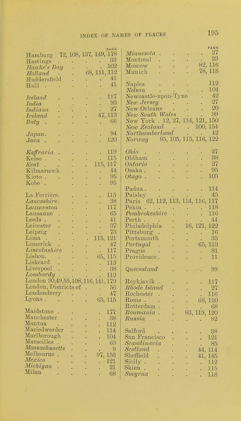 Hambui-!,^ 72, 108, 137, 149, 178 Hastings llawlcp's Bay Holland Hudclersfield Hull . Iceland India Indiana Ireland Italy . Japan. Java . Kaffraria . Kelso . Kent . Kilmarnock Kioto . Kobe . La Ferriere. Lancashire. Laixnceston Lausanne . Leeds . Leicester Leipzig Lima . Limerick Lincolnshire Lisbon, tiiskeard Liverpool . Lo7nbardy . London 30,49,55,108,116 London, Districts of Londonderry Lyons. Maidstone . Manchester Mantua Mariedwerder Marlborough Marseilles . Massachusetts Melbourne . Mexico Michigan . Milan 33 102 G8, 111, 112 41 . 41 . 117 . 93 . 27 47,113 . 66 . 94 . 120 . 119 . 115 115. 117 . ' 44 . 95 . 95 . 115 . 38 . 117 . 65 . 41 . 37 . 73 115, 121 . 47 . 117 65, 115 . 113 . 38 112 ,141,179 . 56 . 47 63, 115 . 177 . 38 . 112 . 114 . 104 . 63 9 97, 153 . 121 . 21 . 68 Minnesota . Montreal Moscow Munich Naples Nelson Newcastle-upon-Tyne New Jersey New Orleans Neio Soidh Wale. New York . 12, 27, 114, New Zealand Northumberland Norway 85, 105, 115, Ohio . Oldham Ontario Osaka . Otago . Padua. Paisley Paris 62, 112, Pekiu . Pembrokeshire Perth . Philadelphia Pittsburg . Portsmouth Portugal Prague Providence. Queensland E,eylv.]'avik . Rhode Island Rochester . Rome . Rotterdam . Eoumania . Russia Salford San Francisco Scandinavia Scotland Sheffield . Sicily . Ski en . Smyrna 113, 114 16, SA.an . 27 . 23 82, 116 78, 118 112 104 42 27 20 99 121, 150 100, 154 . 42 116, 122 ■. 27 . 38 . 27 . 95 . 103 . 114 . 45 116, 117 . 118 . 116 . 44 121. 122 . ' 16 33 65, 113 . 81 . 11 . 99 . 117 . 27 . 116 68, 110 . 68 83, 119, 120 . 82 . 38 . 121 . 85 44, 114 41, 145 . 112 . 115 . 118