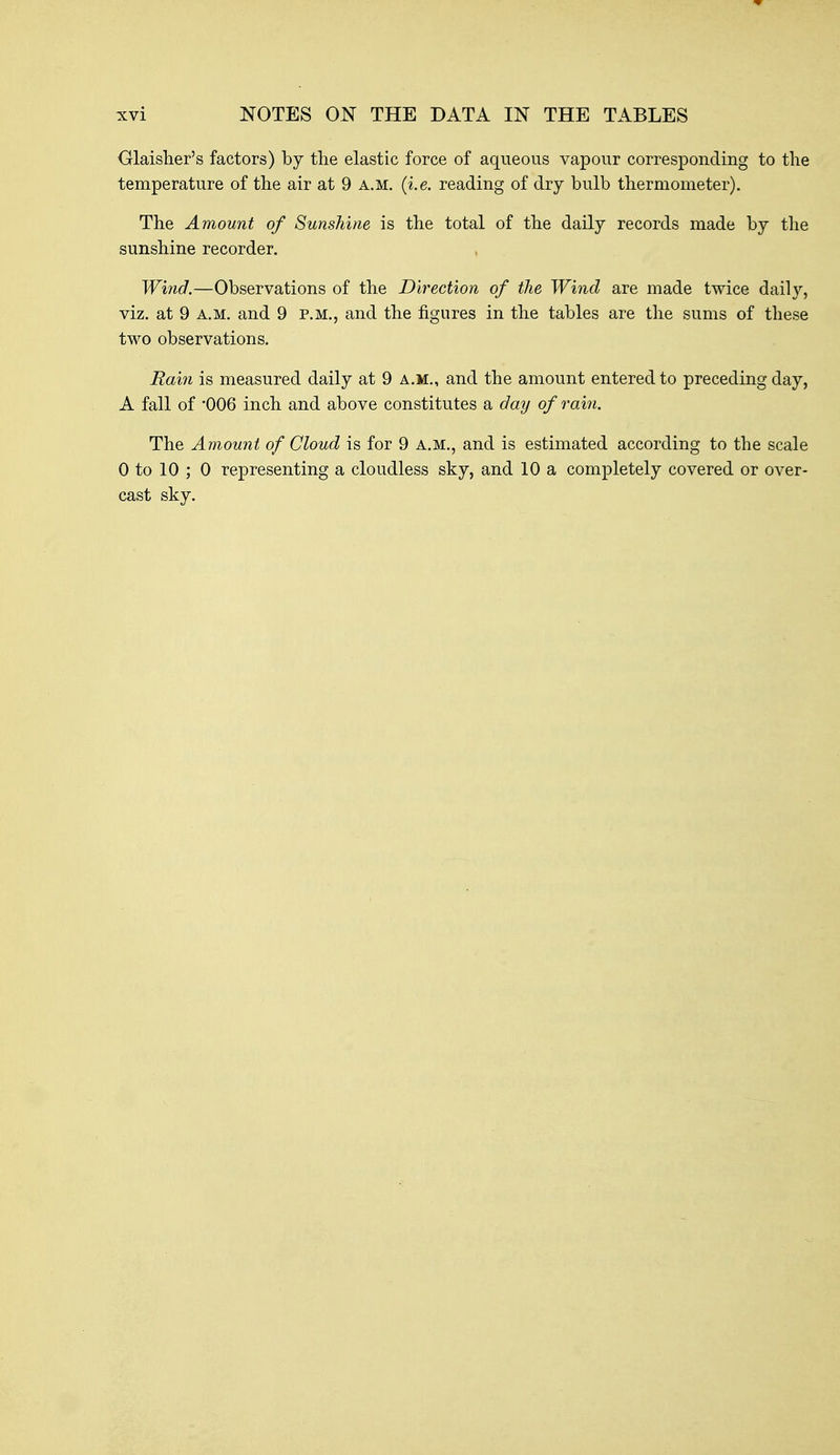 Olaisher's factors) by the elastic force of aqueous vapour corresponding to the temperature of the air at 9 a.m. (i.e. reading of dry bulb thermometer). The Amount of Sunshine is the total of the daily records made by the sunshine recorder. Wind.—Observations of the Direction of the Wind are made twice daily, viz. at 9 A.M. and 9 p.m., and the figures in the tables are the sums of these two observations. Rain is measured daily at 9 a.m., and the amount entered to preceding day, A fall of '006 inch and above constitutes a day of rain. The Amount of Cloud is for 9 a.m., and is estimated according to the scale 0 to 10 ; 0 representing a cloudless sky, and 10 a completely covered or over- cast sky.