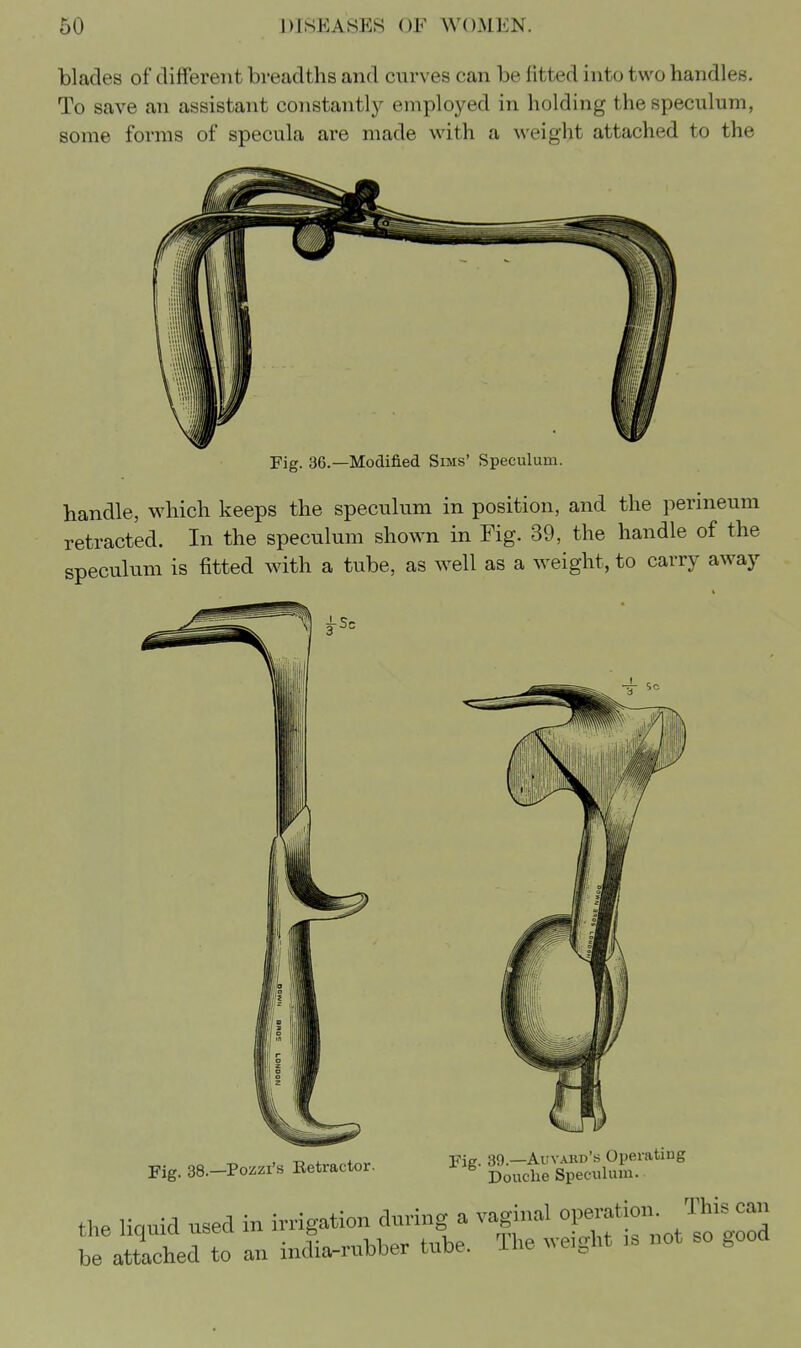 blades of different breadths and cvirves can be fitted into two handles. To save an assistant constantl}^ employed in holding the speculum, some forms of specula are made with a weight attached to the Fig. 36.—Modified Sims' Speculum. handle, which keeps the speculum in position, and the perineum retracted. In the speculum shown in Fig. 39, the handle of the speculum is fitted with a tube, as well as a weight, to carry away Fig. 39.—Auvabd's Operating Douche Speculum. Fig. 38.—Pozzi's Retractor. fixation during a vaginal operation. This can be attached to an the liquid used in irriga^x^.x ^ ° r , . . ^^^^ india-rubber tube. The weight is not so gooa