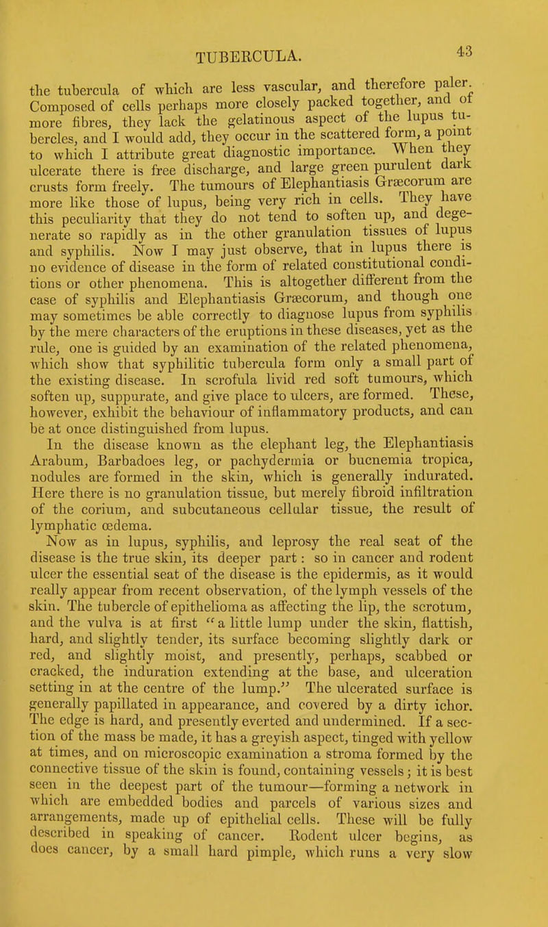 the tubercula of which are less vascular, and therefore paler Composed of cells perhaps more closely packed together, and ot more fibres, they lack the gelatinous aspect of the lupus tu- bercles, and I would add, they occur in the scattered form, a point to which I attribute great diagnostic importance. When they ulcerate there is free discharge, and large green purulent dark crusts form freely. The tumours of Elephantiasis Grsecorum are more like those of lupus, being very rich in cells. They have this peculiarity that they do not tend to soften up, and dege- nerate so rapidly as in the other granulation tissues of lupus and syphilis. Now I may just observe, that in lupus there is no evidence of disease in the form of related constitutional condi- tions or other phenomena. This is altogether different from the case of syphilis and Elephantiasis Grsecorum, and though one may sometimes be able correctly to diagnose lupus from syphilis by the mere characters of the eruptions in these diseases, yet as the rule, one is guided by an examination of the related phenomena, which show that syphilitic tubercula form only a small part of the existing disease. In scrofula livid red soft tumours, which soften up, suppurate, and give place to ulcers, are formed. These, however, exhibit the behaviour of inflammatory products, and can be at once distinguished from lupus. In the disease known as the elephant leg, the Elephantiasis Arabum, Barbadoes leg, or pachydermia or bucnemia tropica, nodules are formed in the skin, which is generally indurated. Here there is no granulation tissue, but merely fibroid infiltration of the corium, and subcutaneous cellular tissue, the result of lymphatic oedema. Now as in lupus, syphilis, and leprosy the real seat of the disease is the true skin, its deeper part: so in cancer and rodent ulcer the essential seat of the disease is the epidermis, as it would really appear from recent observation, of the lymph vessels of the skin. The tubercle of epithelioma as affecting the lip, the scrotum, and the vulva is at first  a little lump under the skin, flattish, hard, and slightly tender, its surface becoming slightly dark or red, and slightly moist, and presently, perhaps, scabbed or cracked, the induration extending at the base, and ulceration setting in at the centre of the lump. The ulcerated surface is generally papillated in appearance, and covered by a dirty ichor. The edge is hard, and presently everted and undermined. If a sec- tion of the mass be made, it has a greyish aspect, tinged with yellow at times, and on microscopic examination a stroma formed by the connective tissue of the skin is found, containing vessels; it is best seen in the deepest part of the tumour—forming a network in which are embedded bodies and parcels of various sizes and arrangements, made up of epithelial cells. These will be fully described in speaking of cancer. Rodent ulcer begins, as does cancer, by a small hard pimple, which runs a very slow
