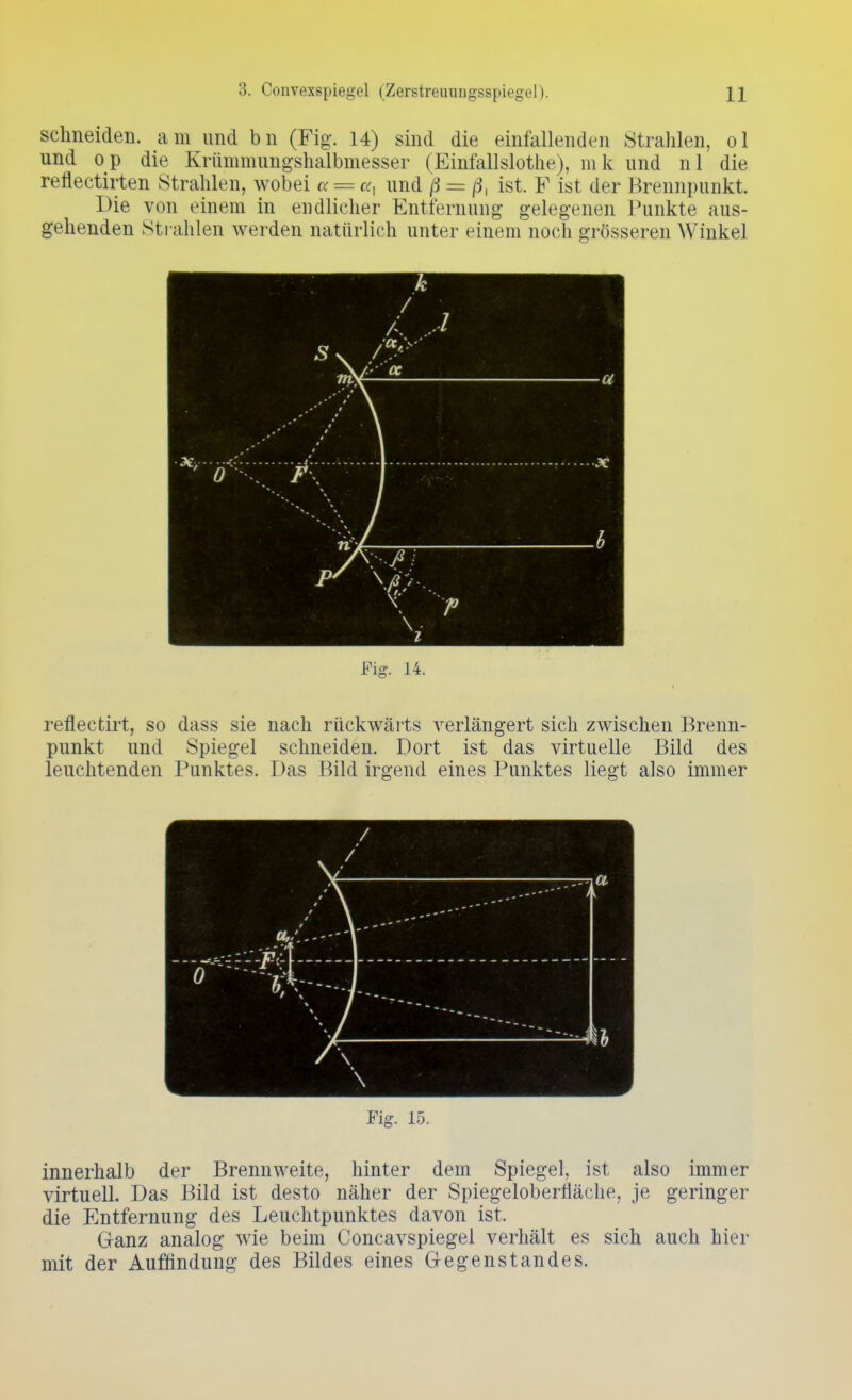 schneiden, am und bn (Fig. 14) sind die einfallenden Strahlen, ol und op die Krümmungshalbmesser (Einfallslothe), mk und nl die reflectirten Strahlen, wobei a = a, und ß = 0, ist. F ist der Brennpunkt. Die von einem in endlicher Entfernung gelegenen Jlinkte aus- gehenden Strahlen werden natürlich unter einem noch grösseren Winkel Fig. 14. reflectirt, so dass sie nach rückwärts verlängert sich zwischen Brenn- punkt und Spiegel schneiden. Dort ist das virtuelle Bild des leuchtenden Punktes. Das Bild irgend eines Punktes liegt also immer Fig. 15. innerhalb der Brennweite, hinter dem Spiegel, ist also immer virtuell. Das Bild ist desto näher der Spiegeloberfiäche, je geringer die Entfernung des Leuchtpunktes davon ist. Ganz analog wie beim Concavspiegel verhält es sich auch hier mit der Auffindung des Bildes eines Gegenstandes.