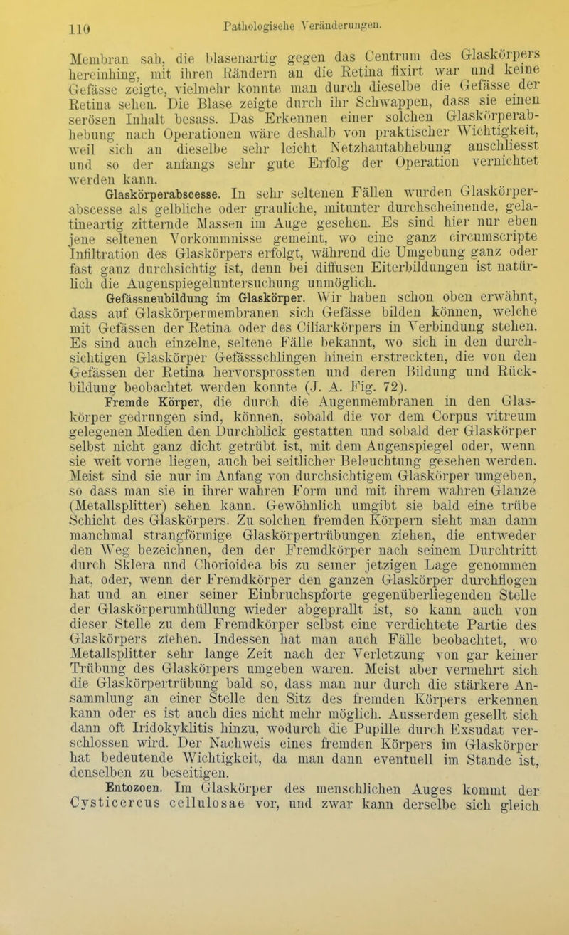 Membran sah, die blasenartig gegen das Centrnni des Glaskörpers hereinhing, mit ihren Rändern an die Retina fixirt war und keine Gefässe zeigte, vielmehr konnte man durch dieselbe die Grefässe der Retina sehen. Die Blase zeigte durch ihr Schwappen, dass sie einen serösen Inhalt besass. Das Erkennen einer solchen Glaskörperab- hebimg nach Operationen wäre deshalb von praktischer Wichtigkeit, weil sich an dieselbe sehr leicht Netzhautabhebung anschliesst und so der anfangs sehr gute Erfolg der Operation vernichtet werden kann. Glaskörperabscesse. In sehr seltenen Fällen wurden Glaskörper- abscesse als gelbliche oder grauliche, mitunter durchscheinende, gela- tineartig zitternde Massen im Auge gesehen. Es sind hier nur eben jene seltenen Vorkommnisse gemeint, wo eine ganz circumscripte Infiltration des Glaskörpers erfolgt, während die Umgebung ganz oder fast ganz durchsichtig ist, denn bei diffusen Eiterbildungen ist natür- lich die Augenspiegeluntersuchung unmöglich. Gefässneubildung im Glaskörper. Wir haben schon oben erwähnt, dass auf Glaskörpermembranen sich Gefässe bilden können, welche mit Gelassen der Retina oder des Ciliarkörpers in Verbindung stehen. Es sind auch einzelne, seltene Fälle bekannt, wo sich in den durch- sichtigen Glaskörper Gefässschlingen hinein erstreckten, die von den Gefässen der Retina hervorsprossten und deren Bildung und Rück- bildung beobachtet werden konnte (J. A. Fig. 72). Fremde Körper, die durch die Augenmembranen in den Glas- körper gedrungen sind, können, sobald die vor dem Corpus vitreum gelegenen Medien den Durchblick gestatten und sobald der Glaskörper selbst nicht ganz dicht getrübt ist, mit dem Augenspiegel oder, wenn sie weit vorne liegen, auch bei seitlicher Beleuchtung gesehen Averden. Meist sind sie nur im Anfang von durchsichtigem Glaskörper umgeben, so dass man sie in ihrer wahren Form und mit ihrem wahren Glänze (Metallsplitter) sehen kann. Gewöhnlich umgibt sie bald eine trübe Schicht des Glaskörpers. Zu solchen fremden Körpern sieht man dann manchmal strangförmige Glaskörpertrübungen ziehen, die entweder den Weg bezeichnen, den der Fremdkörper nach seinem Durchtritt durch Sklera und Chorioidea bis zu seiner jetzigen Lage genommen hat, oder, wenn der Fremdkörper den ganzen Glaskörper durchflogen hat und an einer seiner Einbruchspforte gegenüberliegenden Stelle der Glaskörperumhüllung wieder abgeprallt ist, so kann auch von dieser Stelle zu dem Fremdkörper selbst eine verdichtete Partie des Glaskörpers ziehen. Indessen hat man auch Fälle beobachtet, wo Metallsplitter sehr lange Zeit nach der Verletzung von gar keiner Trübung des Glaskörpers umgeben waren. Meist aber vermehrt sich die Glaskörpertrübung bald so, dass man nur durch die stärkere An- sammlung an einer Stelle den Sitz des fremden Körpers erkennen kann oder es ist auch dies nicht mehr möglich. Ausserdem gesellt sich dann oft Iridokyklitis hinzu, wodurch die Pupille durch Exsudat ver- schlossen wird. Der Nachweis eines fremden Körpers im Glaskörper hat bedeutende Wichtigkeit, da man dann eventuell im Stande ist, denselben zu beseitigen. Entozoen. Im Glaskörper des menschlichen Auges kommt der Cysticercus cellulosae vor, und zwar kann derselbe sich gleich