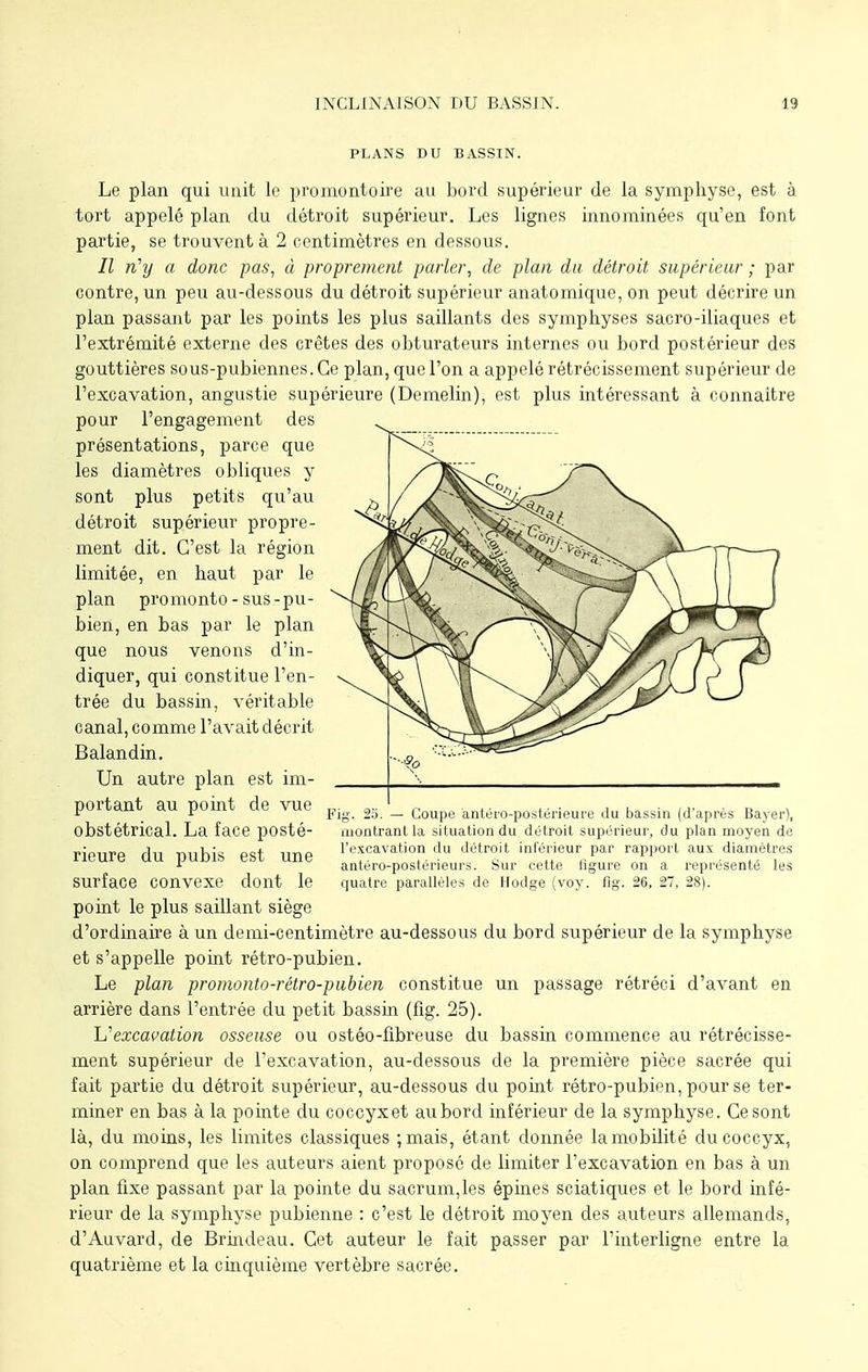 PLANS DU BASSIN. Le plan qui unit le promontoire au bord supérieur de la symphyse, est à tort appelé plan du détroit supérieur. Les lignes innommées qu'en font partie, se trouvent à 2 centimètres en dessous. Il n'y a donc pas, à proprement parler, de plan du détroit supérieur ; par contre, un peu au-dessous du détroit supérieur anatomique, on peut décrire un plan passant par les points les plus saillants des symphyses sacro-iliaques et l'extrémité externe des crêtes des obturateurs internes ou bord postérieur des gouttières sous-pubiennes. Ce plan, que l'on a appelé rétrécissement supérieur de l'excavation, angustie supérieure (Demelin), est plus intéressant à connaître pour l'engagement des présentations, parce que les diamètres obliques y sont plus petits qu'au détroit supérieur propre- ment dit. C'est la région limitée, en haut par le plan promonto - sus-pu- bien, en bas par le plan que nous venons d'in- diquer, qui constitue l'en- trée du bassin, véritable canal, comme l'avait décrit Balandin. Un autre plan est im- portant au point de vue obstétrical. La face posté- rieure du pubis est une surface convexe dont le point le plus saillant siège d'ordinaire à un demi-centimètre au-dessous du bord supérieur de la symphyse et s'appelle point rétro-pubien. Le plan promonto-rétro-pubien constitue un passage rétréci d'avant en arrière dans l'entrée du petit bassin (fig. 25). 1^ excavation osseuse ou ostéo-fibreuse du bassin commence au rétrécisse- ment supérieur de l'excavation, au-clessous de la première pièce sacrée qui fait partie du détroit supérieur, au-dessous du point rétro-pubien, pour se ter- miner en bas à la pointe du coccyx et aubord inférieur de la symphyse. Ce sont là, du moins, les limites classiques ; mais, étant donnée la mobilit é du coccyx, on comprend que les auteurs aient proposé de limiter l'excavation en bas à un plan fixe passant par la pointe du sacrum,les épines sciatiques et le bord infé- rieur de la symphyse pubienne : c'est le détroit moyen des auteurs allemands, d'Auvard, de Brindeau. Cet auteur le fait passer par l'interligne entre la quatrième et la cinquième vertèbre sacrée. Fig. 25. — Coupe àntéro-postérieure du bassin (d'après Bayer), montrant la situation du détroit supérieur, du plan moyen de l'excavation du détroit inférieur par rapport aux diamètres antéro-postérieurs. Sur cette figure on a représenté les quatre parallèles de Hodge (voy. fig. 26, 27, 28).