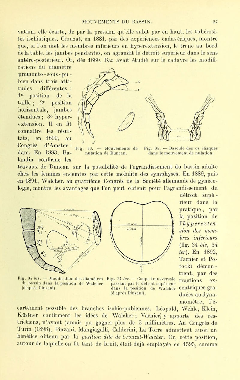 MOUVEMENTS DU BASSIN. Fig. 34. — Bascule des os iliaques dans le mouvement de nutation. vation, elle écarte, de par la pression qu'elle subit par en haut, les tubérosi- tés ischiatiques. Crouzat, en 1881, par des expériences cadavériques, montre que, si l'on met les membres inférieurs en hyperextension, le tronc au bord de la table, les jambes pendantes, on agrandit le détroit supérieur dans le sens antéro-postérieur. Or, dès 1880, Bar avait étudié sur le cadavre les modifi- cations du diamètre promonto - sous - pu - bien dans trois atti- tudes différentes : 1° position de la taille ; 2° position horizontale, jambes étendues ; 3° hyper- extension. Il en fit connaître les résul- tats, en 1899, au Congrès d'Amster - n. ' „, . , ° Fig. 33. — Mouvements d dam. En 1883, Ba- nutation de Duncan. landin confirme les travaux de Duncan sur la possibilité de l'agrandissement du bassin adulte chez les femmes enceintes par cette mobilité des symphyses. En 1889, puis en 1891, Walcher, au quatrième Congrès de la Société allemande de gynéco- logie, montre les avantages que l'on peut obtenir pour l'agrandissement du détroit supé - rieur dans la pratique , par la position de Yhy per exten- sion des mem- bres inférieurs (fig. 34 bis, 34 ter). En 1892, Tarnier et Po- tocki démon - trent, par des tractions ex- V. // 1 Fig. 34 bis. — Modification des diamètres du bassin dans la position de Walcher (d'après Pinzani). Fig. 34 ter. — Coupe transversale passant par le détroit supérieur dans la position de Walcher CentriqueS gra- (d'après Pinzani). duéeg au dyna. momètre, l'é- cartement possible des branches ischio-pubiennes. Léopold, Wehle, Klein, Kustner confirment les idées de Walcher ; Varnierj y apporte des res- trictions, n'ayant jamais pu gagner plus de 3 millimètres. Au Congrès de Turin (1898), Pinzani, Mangiagalli, Calderini, La Torre admettent aussi un bénéfice obtenu par la position dite de Crouzat-Walcher. Or, cette position, autour de laquelle on fit tant de brùit, était déjà employée en 1595, comme