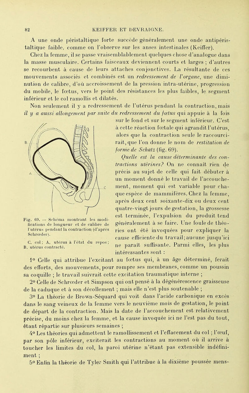 A une onde péristaltique forte succède généralement une onde antipéris- taltique faible, comme on l'observe sur les anses intestinales (Keiffer). Chez la femme, il se passe vraisemblablement quelques chose d'analogue dans la masse musculaire. Certains faisceaux deviennent courts et larges ; d'autres se recourbent à cause de leurs attaches conjonctives. La résultante de ces mouvements associés et combinés est un redressement de Vorgane, une dimi- nution de calibre, d'où accroissement de la pression intra-utérine, progression du mobile, le fœtus, vers le point des résistances les plus faibles, le segment inférieur et le col ramollis et dilatés. Non seulement il y a redressement de l'utérus pendant la contraction, mais il y a aussi allongement par suite du redressement du fœtus qui appuie à la fois sur le fond et sur le segment inférieur. C'est à cette réaction fœtale qui agrandit l'utérus, alors que la contraction seule le raccourci- rait, que l'on donne le nom de restitution de forme de Schatz (fig. 69). Quelle est la cause déterminante des con- tractions utérines? On ne connaît rien de précis au sujet de celle qui fait débuter à un moment donné le travail de l'accouche- ment, moment qui est variable pour cha- que espèce de mammifères. Chez la femme, après deux cent soixante-dix ou deux cent quatre-vingt jours de gestation, la grossesse est terminée, l'expulsion du produit tend généralement à se faire. Une foule de théo- ries ont été invoquées pour expliquer la cause efficiente du travail; aucune jusqu'ici ne paraît suffisante. Parmi elles, les plus intéressantes sont : 1° Celle qui attribue l'excitant au fœtus qui, à un âge déterminé, ferait des efforts, des mouvements, pour rompre ses membranes, comme un poussin sa coquille ; le travail suivrait cette excitation traumatique interne ; 2° Celle de Schrœder et Simpson qui ont pensé à la dégénérescence graisseuse de la caduque et à son décollement ; mais elle n'est plus soutenable ; 3° La théorie de Brown-Séquard qui voit dans l'acide carbonique en excès dans le sang veineux de la femme vers le neuvième mois de gestation, le point de départ de la contraction. Mais la date de l'accouchement est relativement précise, du moins chez la femme, et la cause invoquée ici ne l'est pas du tout, étant répartie sur plusieurs semaines ; 4° Les théories qui admettent le ramollissement et l'effacement du col ; l'œuf, par son pôle inférieur, exciterait les contractions au moment où il arrive à toucher les limites du col, la paroi utérine n'étant pas extensible indéfini- ment ; 5° Enfin la théorie de Tyler Smith qui l'attribue à la dixième poussée mens- Fig. 69. — Schéma montrant les modi- fications de longueur et de calibre de l'utérus pendant la contraction (d'après Schrœder). C, col ; A, utérus à l'état du repos ; B, utérus contracté.