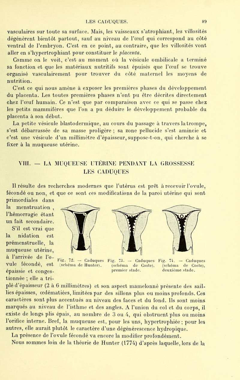 vasculaires sur toute sa surface. Mais, les vaisseaux s'atrophiant, les villosités dégénèrent bientôt partout, sauf au niveau de l'œuf qui correspond au côté ventral de l'embryon. C'est en ce point, au contraire, que les villosités vont aller en s'hypertrophiant pour constituer le placenta. Comme on le voit, c'est au moment où la vésicule ombilicale a terminé sa fonction et que les matériaux nutritifs sont épuisés que l'œuf se trouve organisé vasculairement pour trouver du côté maternel les moyens de nutrition. C'est ce qui nous amène à exposer les premières phases du développement du placenta. Les toutes premières phases n'ont pu être décrites directement chez l'œuf humain. Ce n'est que par comparaison avec ce qui se passe chez les petits mammifères que l'on a pu déduire le développement probable du placenta à son début. La petite vésicule blastodermique, au cours du passage à travers la trompe, s'est débarrassée de sa masse proligère ; sa zone pellucide s'est amincie et c'est une vésicule d'un millimètre d'épaisseur, suppose-t-on, qui cherche à se fixer à la muqueuse utérine. VIII. — LA MUQUEUSE UTÉRINE PENDANT LA GROSSESSE LES CADUQUES Il résulte des recherches modernes que l'utérus est prêt à recevoir l'ovule, fécondé ou non, et que ce sont ces modifications de la paroi utérine qui sont primordiales dans la menstruation , l'hémorragie étant un fait secondaire. S'il est vrai que la nidation est prémenstruelle, la muqueuse utérine, à l'arrivée de l'o- vule fécondé, est épaissie et conges- tionnée ; elle a tri- plé d'épaisseur (2 à 6 millimètres) et son aspect mamelonné présente des sail- lies épaisses, œdématiées, limitées par des sillons plus ou moins profonds. Ces caractères sont plus accentués au niveau des faces et du fond. Us sont moins marqués au niveau de l'isthme et des angles. A l'union du col et du corps, il existe de longs plis épais, au nombre de 3 ou 4, qui obstruent plus ou moins l'orifice interne. Bref, la muqueuse est, pour les uns, hypertrophiée ; pour les autres, elle aurait plutôt le caractère d'une dégénérescence hydropique. La présence de l'ovule fécondé va encore la modifier profondément. Nous sommes loin de la théorie de Hunter (1774) d'après laquelle, lors de la Fig. 72. — Caduques (schéma de Hunter). Fig. 73. — Caduques Fig. 74. — Caduques (schéma de Cosle), (schéma de Coste), premier stade. deuxième stade.