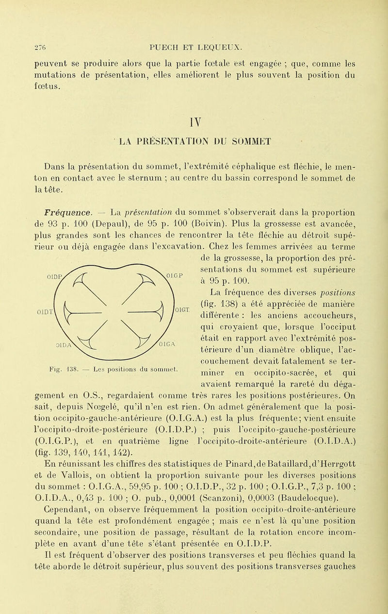 peuvent se produire alors que la partie fœtale est engagée ; que, comme les mutations de présentation, elles améliorent le plus souvent la position du foetus. IY LA PRÉSENTATION DU SOMMET Dans la présentation du sommet, l'extrémité céphalique est fléchie, le men- ton en contact avec le sternum ; au centre du bassin correspond le sommet de la tête. O.I.D.P O.l.D.T. O.I.G.P 0.161 QLD.A O.I.GA. Fig. 138. — Les positions du sommet. Fréquence. — La présentation du sommet s'observerait dans la proportion de 93 p. 100 (Depaul), de 95 p. 100 (Boivin). Plus la grossesse est avancée, plus grandes sont les chances de rencontrer la tête fléchie au détroit supé- rieur ou déjà engagée dans l'excavation. Chez les femmes arrivées au terme de la grossesse, la proportion des pré- sentations du sommet est supérieure à 95 p. 100. La fréquence des diverses positions (fig. 138) a été appréciée de manière différente : les anciens accoucheurs, qui croyaient que, lorsque l'occiput était en rapport avec l'extrémité pos- térieure d'un .diamètre oblique, l'ac- couchement devait fatalement se ter- miner en occipito-sacrée, et qui avaient remarqué la rareté du déga- gement en O.S., regardaient comme très rares les positions postérieures. On sait, depuis Nœgelé, qu'il n'en est rien. On admet généralement que la posi- tion occipito-gauche-antérieure (O.I.G.A.) est la plus fréquente ; vient ensuite l'occipito-droite-postérieure (O.I.D.P.) ; puis l'occipito-gauche-postérieure (O.I.G.P.), et en quatrième ligne l'occipito-droite-antérieure (O.I.D.A.) (fig. 139, 140, 141, 142). En réunissant les chiffres des statistiques de Pinard,de Bataillard,d'Herrgott et de Vallois, on obtient la proportion suivante pour les diverses positions du sommet : O.I.G.A., 59,95 p. 100 ; O.I.D.P., 32 p. 100 ; O.I.G.P., 7,3 p. 100 ; O.I.D.A., 0,43 p. 100 ; O. pub., 0,0001 (Scanzoni), 0,0003 (Baudelocque). Cependant, on observe fréquemment la position occipito-droite-antérieure quand la tête est profondément engagée ; mais ce n'est là qu'une position secondaire, une position de passage, résultant de la rotation encore incom- plète en avant d'une tête s'étant présentée en O.I.D.P. Il est fréquent d'observer des positions transverses et peu fléchies quand la tête aborde le détroit supérieur, plus souvent des positions transverses gauches