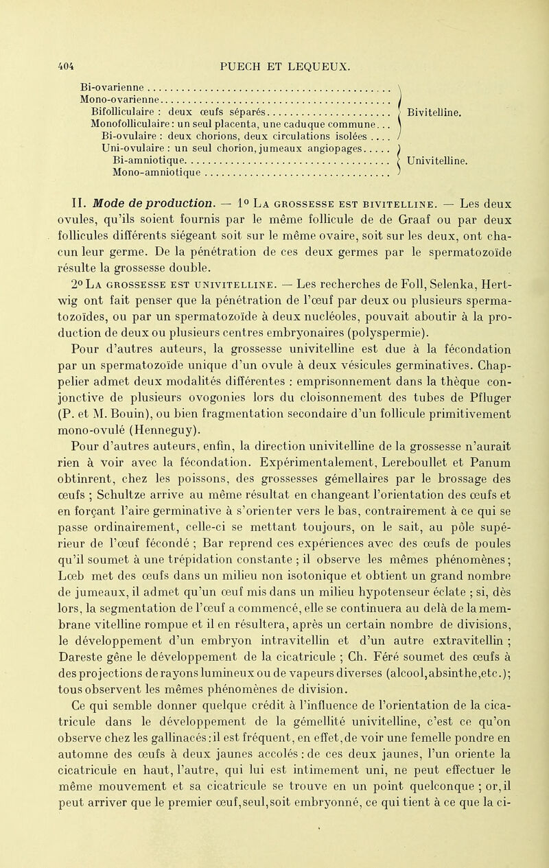 Bi-ovarienne Mono-ovarienne Bifolliculaire : deux œufs séparés Monofolliculaire : un seul placenta, une caduque commune Bi-ovulaire : deux chorions, deux circulations isolées . Uni-ovulaire : un seul chorion, jumeaux angiopages.. Bi-amniotique Mono-amniotique II. Mode de production. — 1° La grossesse est bivitelline. — Les deux ovules, qu'ils soient fournis par le même follicule de de Graaf ou par deux follicules différents siégeant soit sur le même ovaire, soit sur les deux, ont cha- cun leur germe. De la pénétration de ces deux germes par le spermatozoïde résulte la grossesse double. 2° La grossesse est univitelline. — Les recherches de Foll, Selenka, Hert- wig ont fait penser que la pénétration de l'oeuf par deux ou plusieurs sperma- tozoïdes, ou par un spermatozoïde à deux nucléoles, pouvait aboutir à la pro- duction de deux ou plusieurs centres embryonaires (polyspermie). Pour d'autres auteurs, la grossesse univitelline est due à la fécondation par un spermatozoïde unique d'un ovule à deux vésicules germinatives. Chap- pelier admet deux modalités différentes : emprisonnement dans la thèque con- jonctive de plusieurs ovogonies lors du cloisonnement des tubes de Pfluger (P. et M. Bouin), ou bien fragmentation secondaire d'un follicule primitivement mono-ovulé (Henneguy). Pour d'autres auteurs, enfin, la direction univitelline de la grossesse n'aurait rien à voir avec la fécondation. Expérimentalement, Lereboullet et Panum obtinrent, chez les poissons, des grossesses gémellaires par le brossage des œufs ; Schultze arrive au même résultat en changeant l'orientation des oeufs et en forçant l'aire germinative à s'orienter vers le bas, contrairement à ce qui se passe ordinairement, celle-ci se mettant toujours, on le sait, au pôle supé- rieur de l'oeuf fécondé ; Bar reprend ces expériences avec des œufs de poules qu'il soumet à une trépidation constante ; il observe les mêmes phénomènes ; Lœb met des œufs dans un milieu non isotonique et obtient un grand nombre de jumeaux, il admet qu'un œuf mis dans un milieu hypotenseur éclate ; si, dès lors, la segmentation de l'œuf a commencé, elle se continuera au delà de la mem- brane vitelline rompue et il en résultera, après un certain nombre de divisions, le développement d'un embryon intravitellin et d'un autre extravitellin ; Dareste gêne le développement de la cicatricule ; Ch. Féré soumet des œufs à des projections de rayons lumineux ou de vapeurs diverses (alcool,absinthe,etc.); tous observent les mêmes phénomènes de division. Ce qui semble donner quelque crédit à l'influence de l'orientation de la cica- tricule dans le développement de la gémellité univitelline, c'est ce qu'on observe chez les gallinacés:il est fréquent, en effet,de voir une femelle pondre en automne des œufs à deux jaunes accolés : de ces deux jaunes, l'un oriente la cicatricule en haut, l'autre, qui lui est intimement uni, ne peut effectuer le même mouvement et sa cicatricule se trouve en un point quelconque ; or, il peut arriver que le premier œuf, seul, soit embryonné, ce qui tient à ce que la ci- Bivitelline. Univitelline.