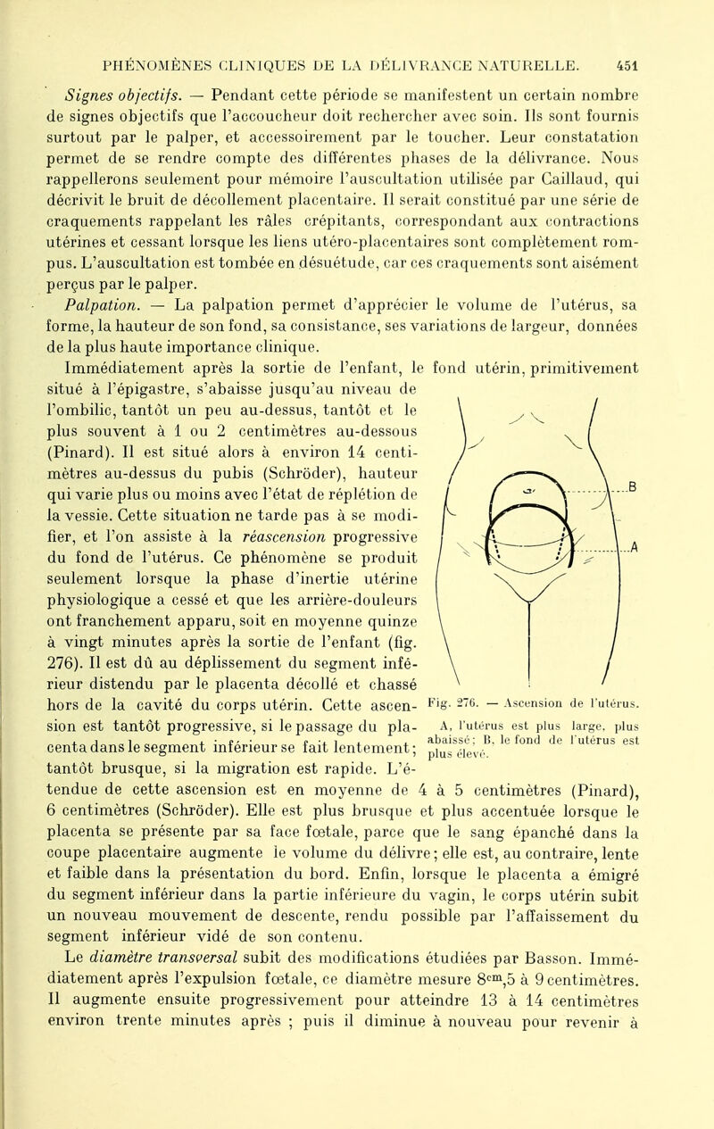 Signes objectifs. — Pendant cette période se manifestent un certain nombre de signes objectifs que l'accoucheur doit rechercher avec soin. Ils sont fournis surtout par le palper, et accessoirement par le toucher. Leur constatation permet de se rendre compte des différentes phases de la délivrance. Nous rappellerons seulement pour mémoire l'auscultation utilisée par Gaillaud, qui décrivit le bruit de décollement placentaire. Il serait constitué par une série de craquements rappelant les râles crépitants, correspondant aux contractions utérines et cessant lorsque les liens utéro-placentaires sont complètement rom- pus. L'auscultation est tombée en désuétude, car ces craquements sont aisément perçus par le palper. Palpation. — La palpation permet d'apprécier le volume de l'utérus, sa forme, la hauteur de son fond, sa consistance, ses variations de largeur, données de la plus haute importance clinique. Immédiatement après la sortie de l'enfant, le fond utérin, primitivement situé à l'épigastre, s'abaisse jusqu'au niveau de l'ombilic, tantôt un peu au-dessus, tantôt et le plus souvent à 1 ou 2 centimètres au-dessous (Pinard). Il est situé alors à environ 14 centi- mètres au-dessus du pubis (Schrôder), hauteur qui varie plus ou moins avec l'état de réplétion de la vessie. Cette situation ne tarde pas à se modi- fier, et l'on assiste à la réascension progressive du fond de l'utérus. Ce phénomène se produit seulement lorsque la phase d'inertie utérine physiologique a cessé et que les arrière-douleurs ont franchement apparu, soit en moyenne quinze à vingt minutes après la sortie de l'enfant (fig. 276). Il est dû au déplissement du segment infé- rieur distendu par le placenta décollé et chassé hors de la cavité du corps utérin. Cette ascen- sion est tantôt progressive, si le passage du pla- centa dans le segment inférieur se fait lentement; tantôt brusque, si la migration est rapide. L'é- tendue de cette ascension est en moyenne de 4 à 5 centimètres (Pinard), 6 centimètres (Schrôder). Elle est plus brusque et plus accentuée lorsque le placenta se présente par sa face fœtale, parce que le sang épanché dans la coupe placentaire augmente le volume du délivre; elle est, au contraire, lente et faible dans la présentation du bord. Enfin, lorsque le placenta a émigré du segment inférieur dans la partie inférieure du vagin, le corps utérin subit un nouveau mouvement de descente, rendu possible par l'affaissement du segment inférieur vidé de son contenu. Le diamètre transversal subit des modifications étudiées par Basson. Immé- diatement après l'expulsion fœtale, ce diamètre mesure 8em,5 à 9 centimètres. Il augmente ensuite progressivement pour atteindre 13 à 14 centimètres environ trente minutes après ; puis il diminue à nouveau pour revenir à Fig. 276. — Ascension de l'utérus. A, l'utérus est plus large, plus abaissé; B, le fond de l'utérus est plus élevé.