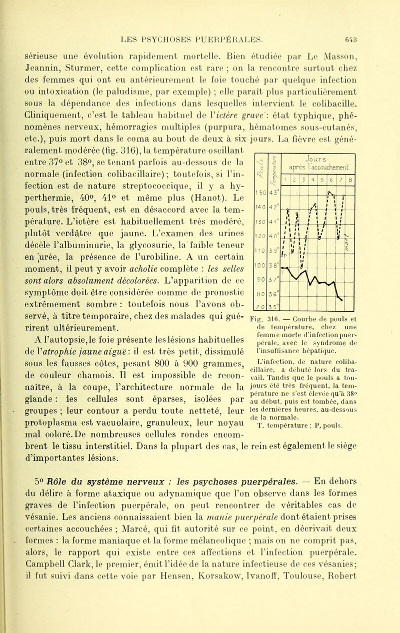 3 9 38 37 3G 3 5 sérieuse une évolution rapidement mortelle. Bien étudiée par Le Masson, Jeannin, Sturmer, cette complication est rare ; on la rencontre surtout chez des femmes qui ont eu antérieurement le foie touché par quelque infection ou intoxication (le paludisme, par exemple) ; elle paraît plus particulièrement sous la dépendance des infections dans lesquelles intervient le colibacille. Cliniquement, c'est le tableau habituel de Victère grave : état typhique, phé- nomènes nerveux, hémorragies multiples (purpura, hématomes sous-cutanés, etc.), puis mort dans le coma au bout de deux à six jours. La fièvre est géné- ralement modérée (fig. 316), la température oscillant entre 37° et 38°, se tenant parfois au-dessous de la normale (infection colibacillaire) ; toutefois, si l'in- fection est de nature streptococcique, il y a hy- perthermie, 40°, 41° et même plus (Hanot). Le pouls, très fréquent, est en désaccord avec la tem- pérature. L'ictère est habituellement très modéré, plutôt verdâtre que jaune. L'examen des urines décèle l'albuminurie, la glycosurie, la faible teneur en [urée, la présence de l'urobiline. A un certain moment, il peut y avoir acholie complète : les selles sont alors absolument décolorées. L'apparition de ce symptôme doit être considérée comme de pronostic extrêmement sombre : toutefois nous l'avons ob- servé, à titre temporaire, chez des malades qui gué- rirent ultérieurement. A l'autopsie,le foie présente les lésions habituelles de V atrophie jaune aiguë: il est très petit, dissimulé sous les fausses côtes, pesant 800 à 900 grammes, . , • ti ■ -111 cillaire. a débute lors du tra- de couleur chamois. 11 est impossible de recon- vaii. Tandis que le pouls a tou- naître, à la coupe, l'architecture normale de la j°urs été tri}s, fréquent, la tem- , , , „ . , ,, pérature ne s'est élevée qu'à 38° glande : les cellules sont eparses, isolées par au début> puis est tombée, dans groupes ; leur contour a perdu toute netteté, leur 'es dernières heures, au-dessous . -, , , . t , de la normale. protoplasma est vacuolaire, granuleux, leur noyau t, température •. P, pouls, mal coloré. De nombreuses cellules rondes encom- brent le tissu interstitiel. Dans la plupart des cas, le rein est également le siège d'importantes lésions. 50 130 1 1 0 oc 90 7 0 Jours après l accouchement i . . 3 ■ \ 5 ( i 7 8 -1—4 f V 1 1 \ il i i > —1 1 1 1 , 1 $ !/ 8— 1 1 1 1 11 II 1- Fig. 316. — Courbe de pouls et de température, chez une femme morte d'infection puer- pérale, avec le syndrome de l'insuffisance hépatique. L'infection, de nature coliba- 5° Rôle du système nerveux : les psychoses puerpérales. — En dehors du délire à forme ataxique ou adynamique que l'on observe dans les formes graves de l'infection puerpérale, on peut rencontrer de véritables cas de vésanie. Les anciens connaissaient bien la manie puerpérale dont étaient prises certaines accouchées ; Marcé, qui fit autorité sur ce point, en décrivait deux formes : la forme maniaque et la forme mélancolique ; mais on ne comprit pas, alors, le rapport qui existe entre ces affections et l'infection puerpérale. Campbell Clark, le premier, émit l'idée de la nature infectieuse de ces vésanies; il fut suivi dans cette voie par Hensen, Korsakow, Ivanofî, Toulouse, Robert