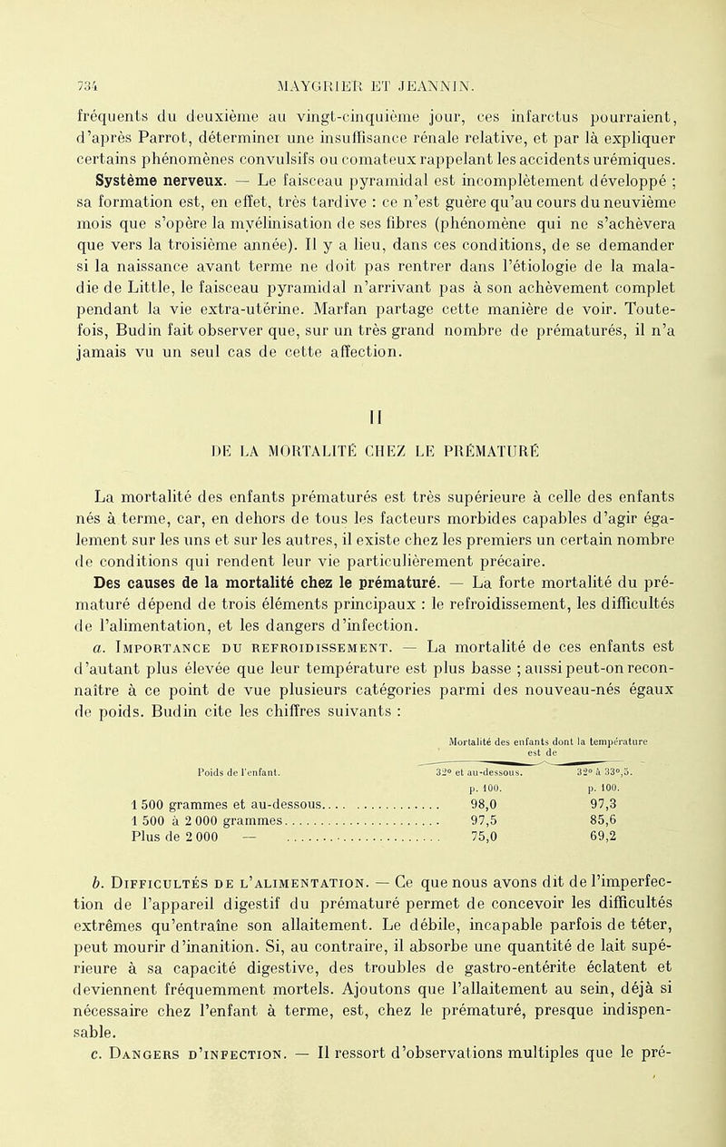 fréquents du deuxième au vingt-cinquième jour, ces infarctus pourraient, d'après Parrot, déterminer une insuffisance rénale relative, et par là expliquer certains phénomènes convulsifs ou comateux rappelant les accidents urémiques. Système nerveux. — Le faisceau pyramidal est incomplètement développé ; sa formation est, en effet, très tardive : ce n'est guère qu'au cours du neuvième mois que s'opère la myélinisation de ses fibres (phénomène qui ne s'achèvera que vers la troisième année). Il y a lieu, dans ces conditions, de se demander si la naissance avant terme ne doit pas rentrer dans l'étiologie de la mala- die de Little, le faisceau pyramidal n'arrivant pas à son achèvement complet pendant la vie extra-utérine. Marfan partage cette manière de voir. Toute- fois, Budin fait observer que, sur un très grand nombre de prématurés, il n'a jamais vu un seul cas de cette affection. II DE LA MORTALITÉ CHEZ LE PRÉMATURÉ La mortalité des enfants prématurés est très supérieure à celle des enfants nés à terme, car, en dehors de tous les facteurs morbides capables d'agir éga- lement sur les uns et sur les autres, il existe chez les premiers un certain nombre de conditions qui rendent leur vie particulièrement précaire. Des causes de la mortalité chez le prématuré. — La forte mortalité du pré- maturé dépend de trois éléments principaux : le refroidissement, les difficultés de l'alimentation, et les dangers d'infection. a. Importance du refroidissement. — La mortalité de ces enfants est d'autant plus élevée que leur température est plus basse ; aussi peut-on recon- naître à ce point de vue plusieurs catégories parmi des nouveau-nés égaux de poids. Budin cite les chiffres suivants : Poids de l'enfant. 1 500 grammes et au-dessous 1 500 à 2 000 grammes Plus de 2 000 — b. Difficultés de l'alimentation. — Ce que nous avons dit de l'imperfec- tion de l'appareil digestif du prématuré permet de concevoir les difficultés extrêmes qu'entraîne son allaitement. Le débile, incapable parfois de téter, peut mourir d'inanition. Si, au contraire, il absorbe une quantité de lait supé- rieure à sa capacité digestive, des troubles de gastro-entérite éclatent et deviennent fréquemment mortels. Ajoutons que l'allaitement au sein, déjà si nécessaire chez l'enfant à terme, est, chez le prématuré, presque indispen- sable. c. Dangers d'infection. — Il ressort d'observations multiples que le pré- Mortalité des enfants dont la température est de ~32° et au-dessous. ^ 32° à 330,5. p. 100. p. 100. 98,0 97,3 97,5 85,6 75,0 69,2