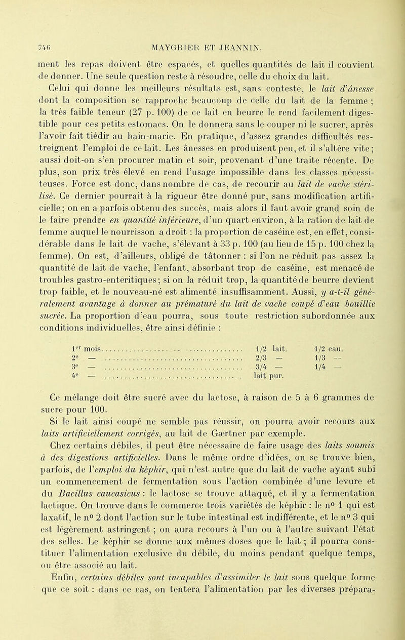 ment les repas doivent être espacés, et quelles quantités de lait il convient de donner. Une seule question reste à résoudre, celle du choix du lait. Celui qui donne les meilleurs résultats est, sans conteste, le lait d'ânesse dont la composition se rapproche beaucoup de celle du lait de la femme ; la très faible teneur (27 p. 100) de ce lait en beurre le rend facilement diges- tible pour ces petits estomacs. On le donnera sans le couper ni le sucrer, après l'avoir fait tiédir au bàin-marie. En pratique, d'assez grandes difficultés res- treignent l'emploi de celait. Les ânesses en produisent peu, et il s'altère vite; aussi doit-on s'en procurer matin et soir, provenant d'une traite récente. De plus, son prix très élevé en rend l'usage impossible dans les classes nécessi- teuses. Force est donc, dans nombre de cas, de recourir au lait de vache stéri- lisé. Ce dernier pourrait à la rigueur être donné pur, sans modification artifi- cielle ; on en a parfois obtenu des succès, mais alors il faut avoir grand soin de le faire prendre en quantité inférieure, d'un quart environ, à la ration de lait de femme auquel le nourrisson a droit : la proportion de caséine est, en effet, consi- dérable dans le lait de vache, s'élevant à 33 p. 100 (au lieu de 15 p. 100 chez la femme). On est, d'ailleurs, obligé de tâtonner : si l'on ne réduit pas assez la quantité de lait de vache, l'enfant, absorbant trop de caséine, est menacé de troubles gastro-enteritiques; si on la réduit trop, la quantité de beurre devient trop faible, et le nouveau-né est alimenté insuffisamment. Aussi, y a-t-il géné- ralement avantage à donner au prématuré du lait de vache coupé d'eau bouillie sucrée. La proportion d'eau pourra, sous toute restriction subordonnée aux conditions individuelles, être ainsi définie : 1er mois 1/2 lait. 1/2 eau. 2e — 2/3 — 1/3 — 3e — 3/4 — 1/4 — 4e — lait pur. Ce mélange doit être sucré avec du lactose, à raison de 5 à 6 grammes de sucre pour 100. Si le lait ainsi coupé ne semble pas réussir, on pourra avoir recours aux laits artificiellement corrigés, au lait de Gœrtner par exemple. Chez certains débiles, il peut être nécessaire de faire usage des laits soumis à des digestions artificielles. Dans le même ordre d'idées, on se trouve bien, parfois, de Vemploi du képhir, qui n'est autre que du lait de vache ayant subi un commencement de fermentation sous l'action combinée d'une levure et du Bacillus caucasicus : le lactose se trouve attaqué, et il y a fermentation lactique. On trouve dans le commerce trois variétés de képhir : le n° 1 qui est laxatif, le n° 2 dont l'action sur le tube intestinal est indifférente, et le n° 3 qui est légèrement astringent ; on aura recours à l'un ou à l'autre suivant l'état des selles. Le képhir se donne aux mêmes doses que le lait ; il pourra cons- tituer l'alimentation exclusive du débile, du moins pendant quelque temps, ou être associé au lait. Enfin, certains débiles sont incapables d'assimiler le lait sous quelque forme que ce soit : dans ce cas, on tentera l'alimentation par les diverses prépara-