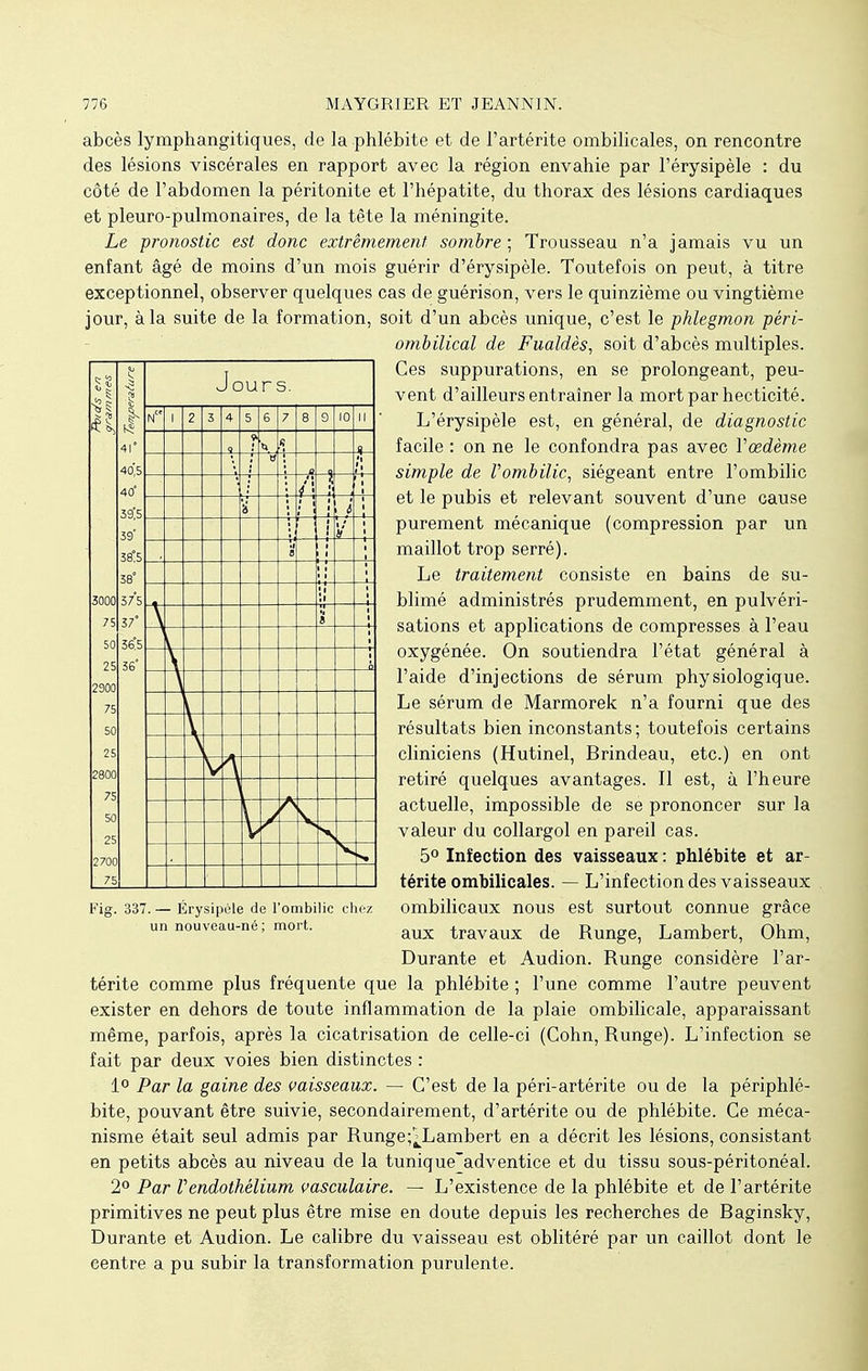 abcès lymphangitiques, de la phlébite et de l'artérite ombilicales, on rencontre des lésions viscérales en rapport avec la région envahie par l'érysipèle : du côté de l'abdomen la péritonite et l'hépatite, du thorax des lésions cardiaques et pleuro-pulmonaires, de la tête la méningite. Le pronostic est donc extrêmement sombre ; Trousseau n'a jamais vu un enfant âgé de moins d'un mois guérir d'érysipèle. Toutefois on peut, à titre exceptionnel, observer quelques cas de guérison, vers le quinzième ou vingtième jour, à la suite de la formation, soit d'un abcès unique, c'est le phlegmon péri- ombilical de Fualdès, soit d'abcès multiples. Ces suppurations, en se prolongeant, peu- vent d'ailleurs entraîner la mort par hecticité. L'érysipèle est, en général, de diagnostic facile : on ne le confondra pas avec Xœdème simple de l'ombilic, siégeant entre l'ombilic et le pubis et relevant souvent d'une cause purement mécanique (compression par un maillot trop serré). Le traitement consiste en bains de su- blimé administrés prudemment, en pulvéri- sations et applications de compresses à l'eau oxygénée. On soutiendra l'état général à l'aide d'injections de sérum physiologique. Le sérum de Marmorek n'a fourni que des résultats bien inconstants; toutefois certains cliniciens (Hutinel, Brindeau, etc.) en ont retiré quelques avantages. Il est, à l'heure actuelle, impossible de se prononcer sur la valeur du collargol en pareil cas. 5° Infection des vaisseaux : phlébite et ar- térite ombilicales. — L'infection des vaisseaux ombilicaux nous est surtout connue grâce aux travaux de Runge, Lambert, Ohm, Durante et Audion. Runge considère l'ar- térite comme plus fréquente que la phlébite ; l'une comme l'autre peuvent exister en dehors de toute inflammation de la plaie ombilicale, apparaissant même, parfois, après la cicatrisation de celle-ci (Cohn, Runge). L'infection se fait par deux voies bien distinctes : 1° Par la gaine des vaisseaux. — C'est de la péri-artérite ou de la périphlé- bite, pouvant être suivie, secondairement, d'artérite ou de phlébite. Ce méca- nisme était seul admis par Runge ^Lambert en a décrit les lésions, consistant en petits abcès au niveau de la tunique'adventice et du tissu sous-péritonéal. 2° Par Vendothélium vasculaire. — L'existence de la phlébite et de l'artérite primitives ne peut plus être mise en doute depuis les recherches de Baginsky, Durante et Audion. Le calibre du vaisseau est oblitéré par un caillot dont le centre a pu subir la transformation purulente. >»£ et: o> 1 41° 40,5 40° 39*5 39' 38°5 38° 3000 37*5 75 37° 50 36°S 25 36° 2900 75 50 25 2800 75 50 25 2700 75 Jours. N 1 2 3 4 5 6 7 8 9 10 1 1 9 6 M - -À y 0 1. Ù S i i i i / H S i '.i Fig. 337. — Érysipéle de l'ombilic chez un nouveau-né ; mort.