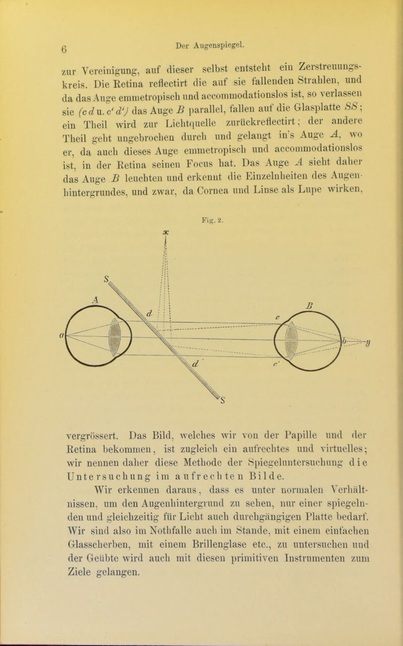 zur Vereinigung, auf dieser selbst entsteht ein Zerstreuungs- kreis. Die Retina reflectirt die auf sie fallenden Strahlen, und da das Auge emnietropisch und aecommodationslos ist, so verlassen sie (cdvi.c'd'J das Auge 5 parallel, fallen auf die Glasplatte SS; ein Theil wird zur Lichtquelle zurückrefleetirt: der andere Theil geht ungebrochen durch und gelangt ins Auge Ä, wo er, da auch dieses Auge emmetropisch und aecommodationslos ist, in der Retina seinen Focus hat. Das Auge A sieht daher das Auge B leuchten und erkennt die Einzelnheiten des Augen- hintergrundes, und zwar, da Cornea und Linse als Lupe wirken, Fig. 2. X \ vergrössert. Das Bild. Avelches wir von der Papille und der Retina bekommen, ist zugleich ein aufrechtes und virtuelles; wir nennen daher diese Methode der Spiegeluntersuchung die Untersuchung im aufrechten Bilde. Wir erkennen daraus. dass es unter normalen Verhält- nissen, um den Augenhintergruud zu sehen, nur einer spiegeln- den und gleichzeitig für Licht auch durchgängigen Platte bedarf. Wir sind also im Nothfalle auch im Stande, mit einem einfachen Glasscherben, mit einem Brillenglase etc., zu untersuchen und der Geübte wird auch mit diesen primitiven Instrumenten zum Ziele gelangen.