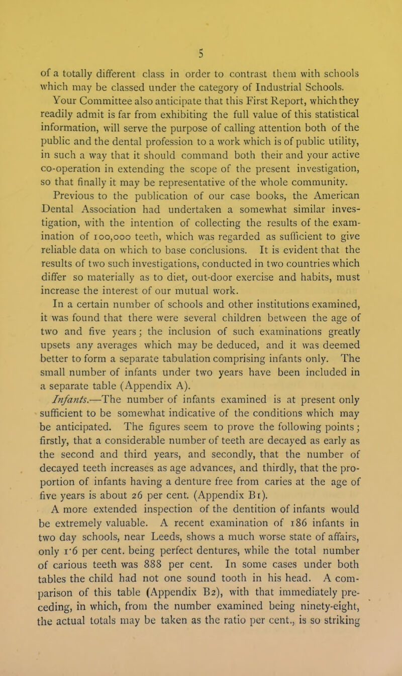 of a totally different class in order to contrast them with schools which may be classed under the category of Industrial Schools. Your Committee also anticipate that this First Report, which they readily admit is far from exhibiting the full value of this statistical information, will serve the purpose of calling attention both of the public and the dental profession to a work which is of public utility, in such a way that it should command both their and your active co-operation in extending the scope of the present investigation, so that finally it may be representative of the whole community. Previous to the publication of our case books, the American Dental Association had undertaken a somewhat similar inves- tigation, with the intention of collecting the results of the exam- ination of 100,000 teeth, which was regarded as sufficient to give reliable data on which to base conclusions. It is evident that the results of two such investigations, conducted in two countries which differ so materially as to diet, out-door exercise and habits, must increase the interest of our mutual work. In a certain number of schools and other institutions examined, it was found that there were several children between the age of two and five years; the inclusion of such examinations greatly upsets any averages which may be deduced, and it was deemed better to form a separate tabulation comprising infants only. The small number of infants under two years have been included in a separate table (Appendix A). Infants.—The number of infants examined is at present only sufficient to be somewhat indicative of the conditions which may be anticipated. The figures seem to prove the following points; firstly, that a considerable number of teeth are decayed as early as the second and third years, and secondly, that the number of decayed teeth increases as age advances, and thirdly, that the pro- portion of infants having a denture free from caries at the age of five years is about 26 per cent. (Appendix Bi). A more extended inspection of the dentition of infants would be extremely valuable. A recent examination of 186 infants in two day schools, near Leeds, shows a much worse state of affairs, only r6 per cent, being perfect dentures, while the total number of carious teeth was 888 per cent. In some cases under both tables the child had not one sound tooth in his head. A com- parison of this table (Appendix B2), with that immediately pre- ceding, in which, from the number examined being ninety-eight, the actual totals may be taken as the ratio per cent., is so striking