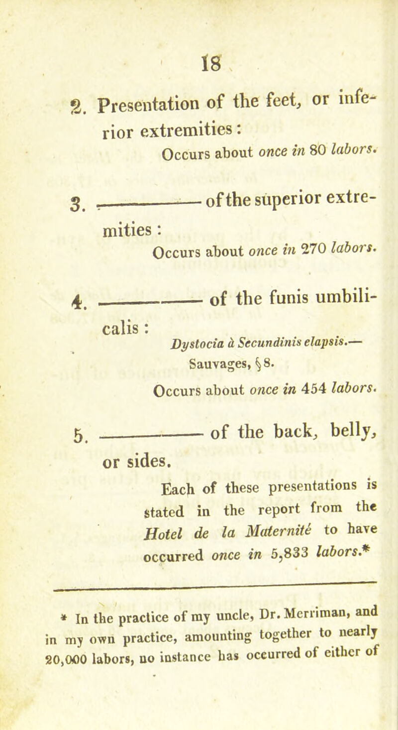 %. Presentation of the feet, or infe- rior extremities: Occurs about once in 80 labors. 3 — of the superior extre- mities : Occurs about once in 270 labors. 4 of the funis umbili- calis: Dystocia it Secundinis elapsis.— Sauvages, ^8. Occurs about once in 454 labors. 5 of the back, belly, or sides. Each of these presentations is Stated in the report from the Hotel de la Maternite to have occurred once in 5,833 labors.* * In the practice of my unde, Dr.Mcrriman, and in my own practice, amounting together to nearly 20,000 labors, no instance has occurred of either of