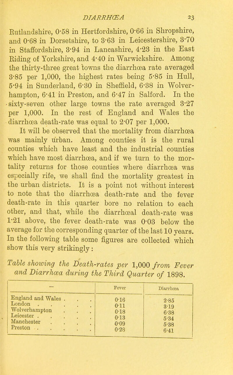 Rutlandshire, 0-58 in Hertfordshire, O66 in Shropshire, and 0-68 in Dorsetshire, to 3-63 in Leicestershire, 3*70 in Staffordshire, 3-94 in Lancashire, 4-23 in the East Riding of Yorkshire, and 4-40 in Warwickshire. Among the thirty-three great 'towns the diarrhoea rate averaged 3-85 per 1,000, the highest rates being 5-85 in Hull, 5-94 in Sunderland, 6-30 in Sheffield, 6-38 in Wolver- hampton, 6-41 in Preston, and 6*47 in Salford. In the •sixty-seven other large towns the rate averaged 3*27 per 1,000. In the rest of England and Wales the diarrhoea death-rate was equal to 2*07 per 1,000. It will be observed that the mortality from diarrhoea was mainly urban. Among counties it is the rural counties which have least and the industrial counties which have most diarrhoea, and if we turn to the mor- tality returns for those counties where diarrhoea was especially rife, we shall find the mortality greatest in the urban districts. It is a point not without interest to note that the diarrhoea death-rate and the fever death-rate in this quarter bore no relation to each other, and that, while the diarrheal death-rate was 1-21 above, the fever death-rate was 0*03 below the average for the corresponding quarter of the last 10 years. In the following table some figures are collected which show this very strikingly : Table showing the Death-rates per 1,000 from Fever and Diarrhoea during the Third Quarter of 1898. Fever Diarrhoea England and Wales . Wolverhampton Manchester 0-16 o-n 0-18 013 0-09 0-28 2- 85 3- 19 6-38 5-34 5- 38 6- 41