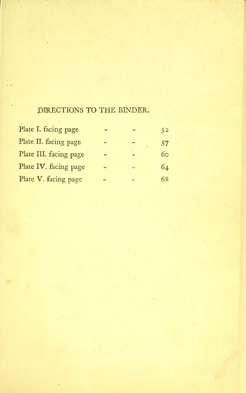 DIRECTIONS TO THE BINDER. Plate I. facing page - - 52 Plate II. facing page - - 57 Plate III. facing page 60 Plate IV. facing page 64 Plate V. facing page - - 68