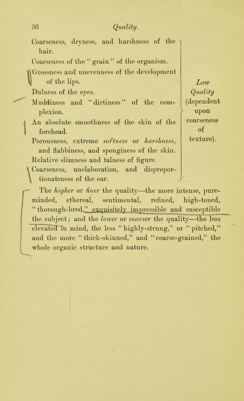 aC) Coarseness, dryness, and liarsliness of the liair. Coarseness of the ‘‘ grain ” of the organism, (irossness and nneyenness of the development I of the lips. Diilness of the eyes. Mnddiness and “ dirtiness ” of the com- plexion. I An absolute smoothness of the skin of the forehead. Porousness, extreme softness or harshness, and flabbiness, and sponginess of the skin. Relative slimness and talness of figure. \ Coarseness, unelaboratio'ii, and dispropor- tionateness of the ear. Low Quality (dependent upon coarseness of texture). The higher or finer the quality—the more intense, pure- minded, ethereal, sentimental, refined, high-toned, “ thorough-bred.” exquisitely impre^ible and susceptible the subject; and the lower or coarser the quality—the less elevated in mind, the less “ highly-strung,” or “ pitched,” and the more “ thick-skinned,” and “ coarse-grained,” the whole organic structure and nature.
