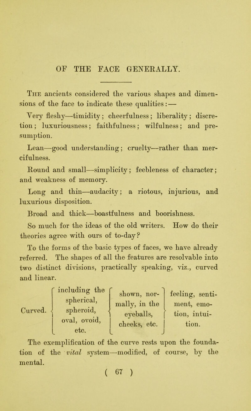 The ancients considered the various shapes and dimen- sions of the face to indicate these qualities: — Yery fleshy—timidity; cheerfulness; liberality; discre- tion ; luxuriousness; faithfulness; wilfulness; and pre- sumption. Lean—good understanding ; cruelty—^rather than mer- cifulness. Round and small—simplicity; feebleness of character; and weakness of memory. Long and thin—audacity; a riotous, injurious, and luxurious disposition. Broad and thick—boastfulness and boorishness. So much for the ideas of the old writers. How do their theories agree with ours of to-day? To the forms of the basic types of faces, we have already referred. The shapes of all the features are resolvable into two distinct divisions, practically speaking, viz., curved and linear. Curved. including the spherical, spheroid, oval, ovoid. etc. shown, nor- mally, in the eyeballs, cheeks, etc. feeling, senti- ment, emo- tion, intui- tion. The exemplification of the curve rests upon tlie founda- tion of the vital system—modified, of course, by the mental.