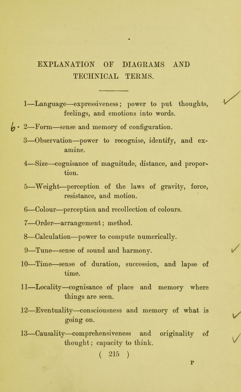 EXPLANATION OF DIAGRAMS AND TECHNICAL TERMS. 1—Language—expressiveness ; power to put thouglits, feelings, and emotions intO' words. ^ * 2—Form—sense and memory of configuration. 3— Observation—power to recognise, identify, and ex- amine. 4— Size—cognisance of magnitude, distance, and propor- tion. 5— Weight—perception of the laws of gravity, force, resistance, and motion. G—Colour—perception and recollection of colours. 7— Order—arrangement; method. 8— Calculation—power to compute numerically. 9— Tune—sense of sound and harmony. 10— Time—sense of duration, succession, and lapse of time. 11— Locality—cognisance of place and memory where things are seen. 12— Eventuality—consciousness and memory of what is going on. 13— Causality—comprehensiveness and originality of thought; capacity to think. ( 215 ) p