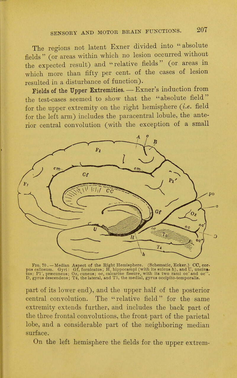 The regions not latent Exner divided into absolute fields  (or areas within which no lesion occurred without the expected result) and relative fields (or areas in which more than fifty per cent, of the cases of lesion resulted in a disturbance of function). Fields of the Upper Extremities. — Exner's induction from the test-cases seemed to show that the absolute field for the upper extremity on the right hemisphere (i.e. field for the left arm) includes the paracentral lobule, the ante- rior central convolution (with the exception of a small 4 ? Fig. 70 .—Median Aspect of tbe Right Hemisphere. (Schematic, Ecker.) CC, cor- pus callosum. Gyri: Gf, fornicatus; H, hippocampi (withi its sulcus h), and U, uncina- tus; PI', praecuneus; Oz, cuneus; oc, calcarine fissure, with its two rami oc'and oc. D, gyrus descendens; T4, the lateral, and T5, the medial, gyrus occipito-temporalis. part of its lower end), and the upper half of the posterior central convolution. The relative field for the same extremity extends further, and includes the back part of the three frontal convolutions, the front part of the parietal lobe, and a considerable part of the neighboring median surface. On the left hemisphere the fields for the upper extrem-