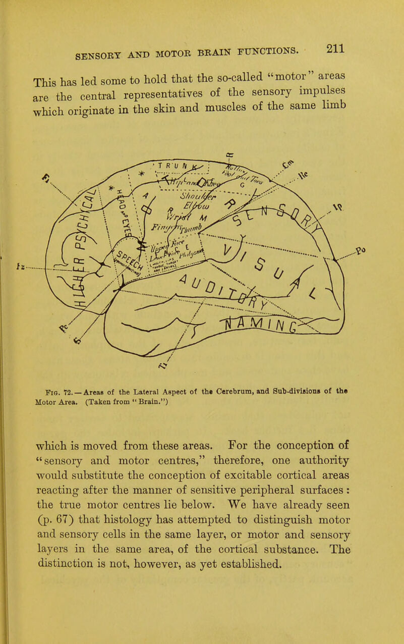 This has led some to hold that the so-called motor areas are the central representatives of the sensory impulses which originate in the skin and muscles of the same limb Fig. 72. — Areas of the Lateral Aspect of th« Cerebrum, and Sub-divisions of the Motor Area. (Taken from  Brain.) which is moved from these areas. For the conception of sensory and motor centres, therefore, one authority would substitute the conception of excitable cortical areas reacting after the manner of sensitive peripheral surfaces : the true motor centres lie below. We have already seen (p. 67) that histology has attempted to distinguish motor and sensory cells in the same layer, or motor and sensory layers in the same area, of the cortical substance. The distinction is not, however, as yet established.