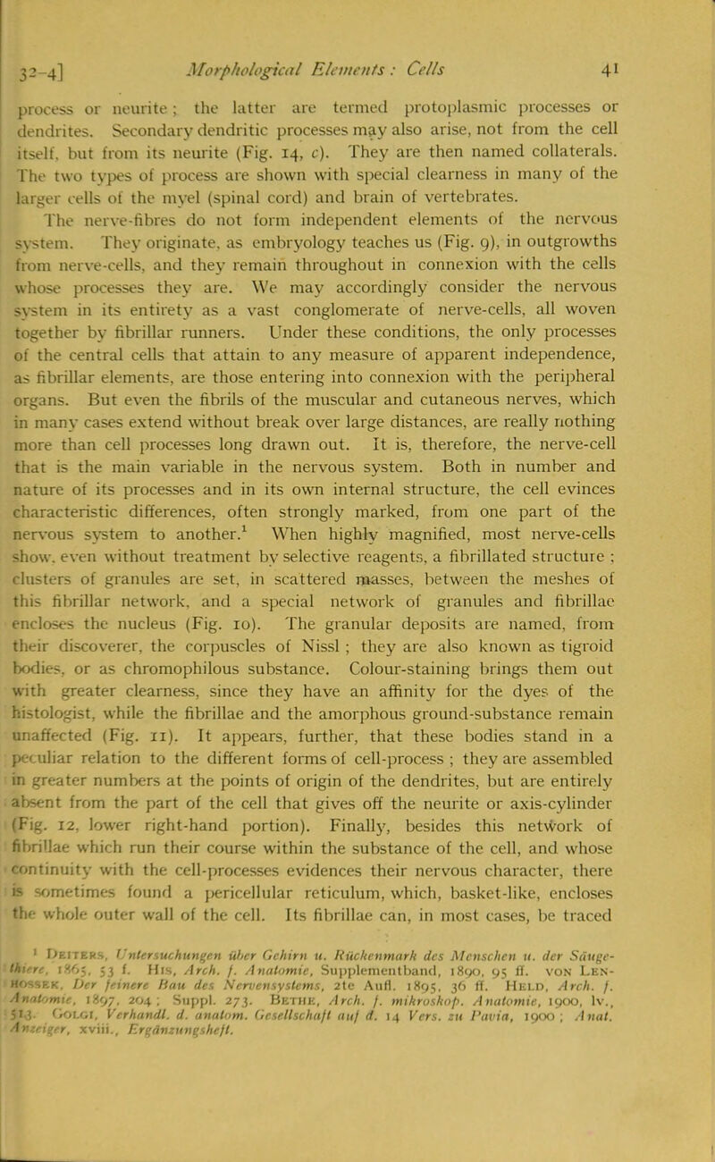 process or neurite ; the latter are termed protoplasmic processes or dendrites. Secondary dendritic processes may also arise, not from the cell itself, but from its neurite (Fig. 14, c). They are then named collaterals. The two types of process are shown with special clearness in many of the larger cells of the myel (spinal cord) and brain of vertebrates. The nerve-fibres do not form independent elements of the nervous system. They originate, as embryology teaches us (Fig. 9), in outgrowths from nerve-cells, and they remain throughout in connexion with the cells whose processes they are. We may accordingly consider the nervous system in its entirety as a vast conglomerate of nerve-cells, all woven together by fibrillar runners. Under these conditions, the only processes of the central cells that attain to any measure of apparent independence, as fibrillar elements, are those entering into connexion with the peripheral organs. But even the fibrils of the muscular and cutaneous nerves, which in many cases extend without break over large distances, are really nothing more than cell processes long drawn out. It is, therefore, the nerve-cell that is the main variable in the nervous system. Both in number and nature of its processes and in its own internal structure, the cell evinces characteristic differences, often strongly marked, from one part of the nervous system to another.1 When highly magnified, most nerve-cells show, even without treatment by selective reagents, a fibrillated structure : clusters of granules are set, in scattered masses, between the meshes of this fibrillar network, and a special network of granules and fibrillae encloses the nucleus (Fig. 10). The granular deposits are named, from their discoverer, the corpuscles of Nissl ; they are also known as tigroid bodies, or as chromophilous substance. Colour-staining brings them out with greater clearness, since they have an affinity for the dyes of the histologist, while the fibrillae and the amorphous ground-substance remain unaffected (Fig. 11). It appears, further, that these bodies stand in a peculiar relation to the different forms of cell-process ; they are assembled in greater numbers at the points of origin of the dendrites, but are entirely absent from the part of the cell that gives off the neurite or axis-cylinder (Fig. 12, lower right-hand portion). Finally, besides this network of fibrillae which run their course within the substance of the cell, and whose continuity with the cell-processes evidences their nervous character, there is sometimes found a pericellular reticulum, which, basket-like, encloses the whole outer wall of the cell. Its fibrillae can, in most cases, be traced 1 Dnms, Untertuchungon uUr Gehirrt u. RUckenmark des Mcnschen u. der S&uge- thirre, 1865, 53 f. His, Arch. j. Anatomic, Stipplemeiitband, 1890, 95 II. von Len- hossek. Der feinere Hau des Nervensystems, 2te Aufl. 1895, 36 If. Held, Arch. j. AnnUimie. 1897. 2''4 ; Suppl. 273. Bethe, Arch. j. mikroskop. Anatomic, 1900, lv., 51} fioLor, Verhandl. d. anatom. Ocsellschafl auj d. 14 Vers, zu Pavia, 1900 ; Anal. Ameiger, xviii., Erganzungshefl.