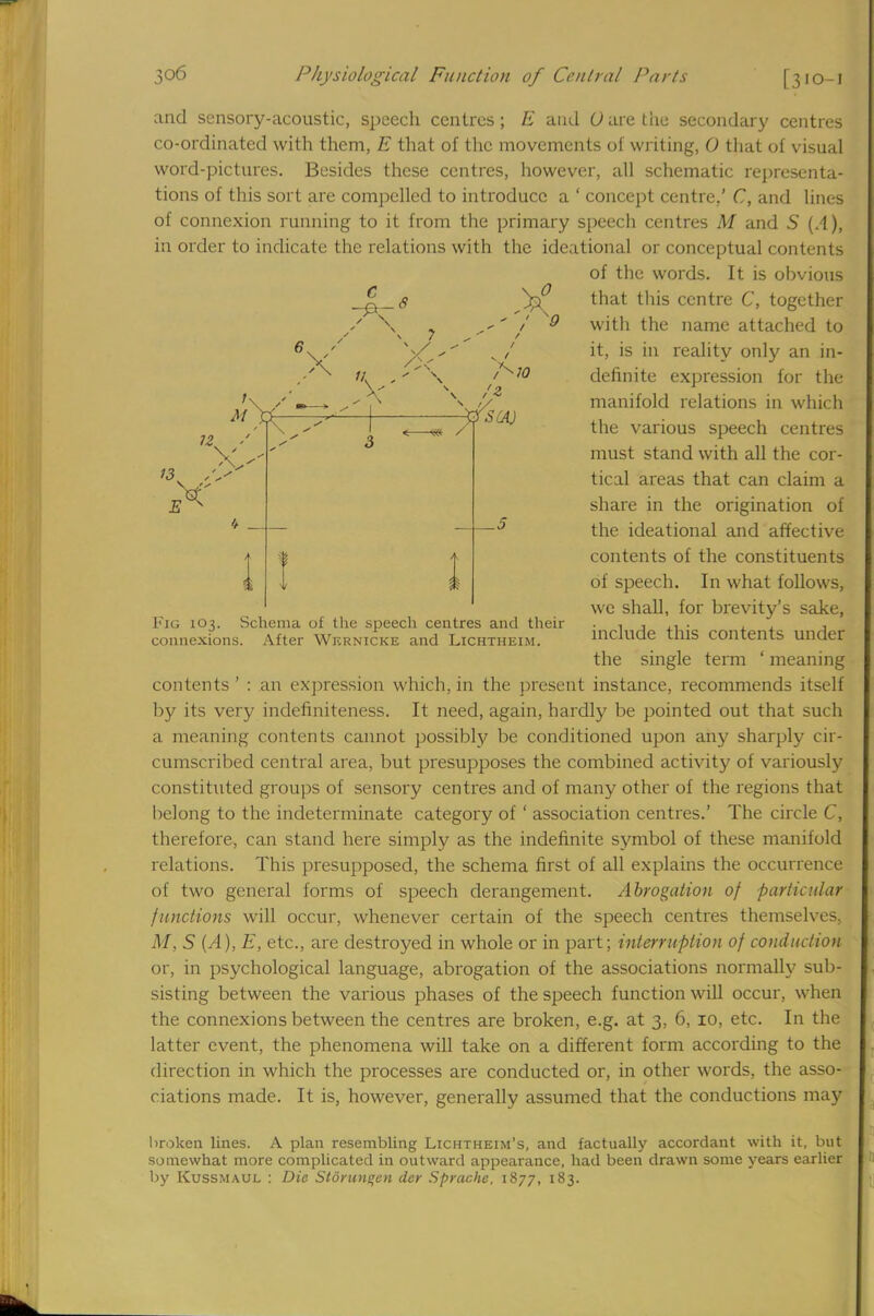 and sensory-acoustic, speech centres; E and O are the secondary centres co-ordinated with them, E that of the movements of writing, 0 that of visual word-pictures. Besides these centres, however, all schematic representa- tions of this sort are compelled to introduce a ' concept centre.' C, and lines of connexion running to it from the primary speech centres M and S (A), in order to indicate the relations with the ideational or conceptual contents of the words. It is obvious that this centre C, together with the name attached to it, is in reality only an in- definite expression for the manifold relations in which the various speech centres must stand with all the cor- tical areas that can claim a share in the origination of the ideational and affective contents of the constituents of speech. In what follows, we shall, for brevity's sake, include this contents under the single term ' meaning contents ' : an expression which, in the present instance, recommends itself by its very indefiniteness. It need, again, hardly be pointed out that such a meaning contents cannot possibly be conditioned upon any sharply cir- cumscribed central area, but presupposes the combined activity of variously constituted groups of sensory centres and of many other of the regions that belong to the indeterminate category of ' association centres.' The circle C, therefore, can stand here simply as the indefinite symbol of these manifold relations. This presupposed, the schema first of all explains the occurrence of two general forms of speech derangement. Abrogation of particular functions will occur, whenever certain of the speech centres themselves, M, S (A), E, etc., are destroyed in whole or in part; interruption of conduction or, in psychological language, abrogation of the associations normally sub- sisting between the various phases of the speech function will occur, when the connexions between the centres are broken, e.g. at 3, 6, 10, etc. In the latter event, the phenomena will take on a different form according to the direction in which the processes are conducted or, in other words, the asso- ciations made. It is, however, generally assumed that the conductions may broken lines. A plan resembling Lichtheim's, and factually accordant with it, but somewhat more complicated in outward appearance, had been drawn some years earlier by Kussmaul : Die Storunqcn dcr Spy acne. 1877, 183. Pig 103. Schema of the speech centres and their connexions. After Wernicke and Lichtheim.