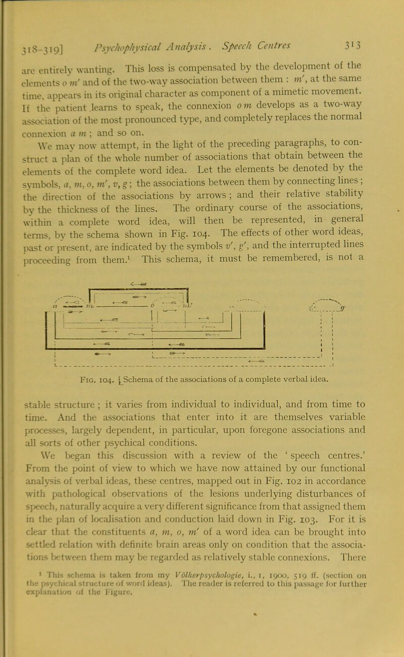 are entirely wanting. This loss is compensated by the development of the elements am' and of the two-way association between them : w!, at the same time, appears in its original character as component of a mimetic movement. If the patient .learns to speak, the connexion om develops as a two-way association of the most pronounced type, and completely replaces the normal connexion a in ; and so on. We may now attempt, in the light of the preceding paragraphs, to con- struct a plan of the whole number of associations that obtain between the elements of the complete word idea. Let the elements be denoted by the symbols, a, TO, 0, to', v, g; the associations between them by connecting lines; the direction of the associations by arrows ; and their relative stability by the thickness of the lines. The ordinary course of the associations, within a complete word idea, will then be represented, in general terms, bv the schema shown in Fig. 104. The effects of other word ideas, past or present, are indicated by the symbols v', g', and the interrupted lines proceeding from them.1 This schema, it must be remembered, is not a .9 Fig. 104. ^Schema of the associations of a complete verbal idea. stable structure ; it varies from individual to individual, and from time to time. And the associations that enter into it are themselves variable processes, largely dependent, in particular, upon foregone associations and all sorts of other psychical conditions. We began this discussion with a review of the ' speech centres.' From the point of view to which we have now attained by our functional analysis of verbal ideas, these centres, mapped out in Fig. 102 in accordance with pathological observations of the lesions underlying disturbances of speech, naturally acquire a very different significance from that assigned them in the plan of localisation and conduction laid down in Fig. 103. For it is clear that the constituents a, m, 0, m' of a word idea can be brought into settled relation with definite brain areas only on condition that the associa- tions between them may be regarded as relatively stable connexions. There ' This schema, is taken from my V other psychologic, i., t, 1900, 519 If. (section on the |/sy hi' il ,tni',l ire of word I'l'-u ■ ). I be reader is referred to tins |>ass;i^e l..r fin Hut explanation of the Figure.