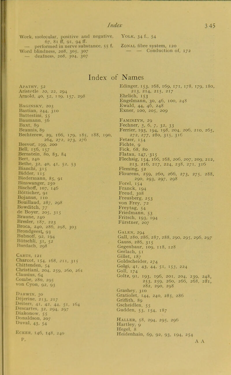 Work, molecular, positive and negative. Yolk, 34 (., 54 67, 81 ff, 91, 94 fif. — performed in nerve substance, 55 f Word blindness, 208, 305, 307 — deafness, 208, 304, 307 Zonal tibre system, 120 — — Conduction of, 172 Index of Names Apathy, 5a Aristotle >o, 22, 294 Arnold, 40, 52, 129, 157, 298 Baginsky. 203 Bastian, 244, 310 Battestini, 55 Baumann, 56 Baxt, 89 Beaunis, 89 Bechterew, 29, 166, 179, 185, 188, 190, 264, 272, 273, 276 Beevor, 199, 200 Bell, 156, 157 Bernstein. So, 83, 84 Bert. 240 Bethe, 32, 40, 41, 52, 53 Bianchi, 315 Bidder, 115 Biedermann, 85, 91 Bins wan ger, 250 Bischoff, 107, 146 Bdtticher, 91 Bojanus, no Bouillaud, 287, 298 Bowditch, 77 de Boyer, 205, 31 5 Braune, 240 Bresler, 187, 223 Broca, 240, 286, 298, 303 Brondgeest, 93 Bubnoh', 92, 194 Bfitschli, 31, 52 Biirdach, 298 Cakus, 121 Charcot, 154, 168, 211, 315 Chittenden, 54 Christiani, 204, 259, 260, 261 Clausius, 64 Combe, 280, 295 von Cyon, 92, 93 Darwin, 30 Dejerine, 213, 217 Deiter?, 41, 42, 44, 51, 164 Descartes, 32, 294, 297 Diakonow, 55 Donaldson, 207 Duval, 43, 54 Ecker, 146, 148, 240 Edinger, 153, 168, 169, 171, 178, 179, 180, 213, 214, 215, 217 Ehrlich, 153 Engelmann, 30, 46, 100, 248 Ewald, 44, 46, 248 Exner, 100, 205, 209 Faminzyn, 29 Fechner, 3, 6, 7, 32, 33 Ferrier, 193, 194, 198, 204, 206, 210, 265, 272, 277, 280, 315, 316 Fetzer, 154 Fichte, 9 Fick, 68, 80 Flatau, 147, 315 Flechsig, 154, 166, 168, 206, 207, 209, 212, 213, 216, 217, 224, 238, 271, 316 Fleming, 52 Flourens, 259, 260, 266, 273, 275, 288, 290, 293, 297, 298 Forel, 154 Franck, 194 Freud, 308 Freusberg, 253 von Frey, 72 Freytag, 54 Friedmann, 53 Fritsch, 193, 194 Fiirstner, 207 Galen, 294 Gall, 280, 286, 287, 288, 290, 295, 296, 297 Gauss, 286, 315 Gegenbaur, 109, 118, 128 Gerlach, 5 1 Gillet, 187 Goldscheider, 274 Golgi, 41, 43, 44, 51, 153, 224 Goll, 174 Goltz, 91, 193, 196, 201, 204, 239, 248, 2S3. 259. 26°. 266, 268, 281, 282, 290, 298 Grashey, 310 Gratiolet, 144, 240, 285, 286 Griffith, 89 Gscheidlen, 55 (hidden, 53, 154, 187 Hai.ler, 58, 294, 295, 296 Hartley, 9 Kegel, 8 ITcidenhain, 69, 92, 93, 194, 254 A A
