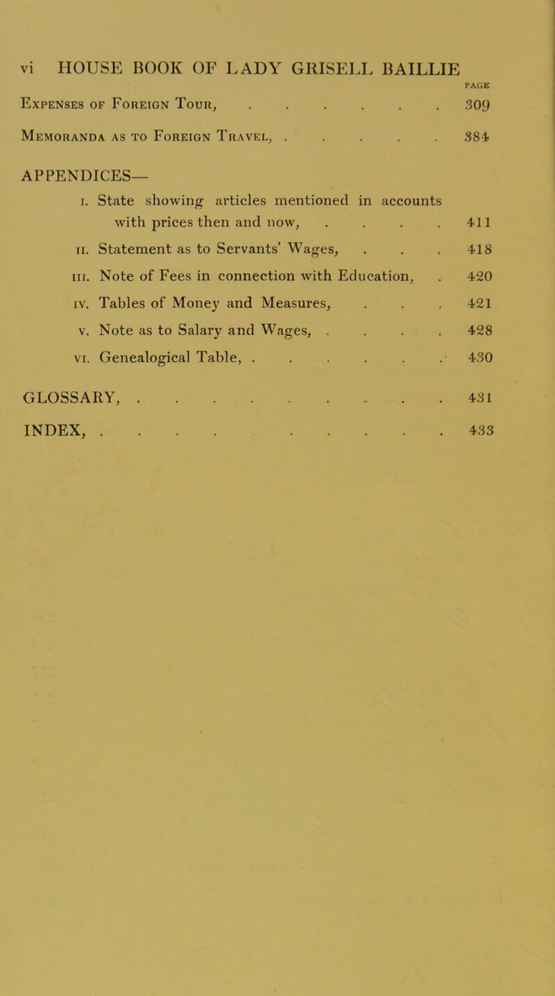 PAGE Expenses of Foreign Tour, ...... 309 Memoranda as to Foreign Travel, ..... 384- APPENDICES— i. State showing articles mentioned in accounts with prices then and now, . . . . 411 n. Statement as to Servants’ Wages, . . .418 iii. Note of Fees in connection with Education, . 420 iv. Tables of Money and Measures, . . .421 v. Note as to Salary and Wages, .... 428 vi. Genealogical Table, . . . . . .• 430 GLOSSARY, 431 INDEX, .... 433