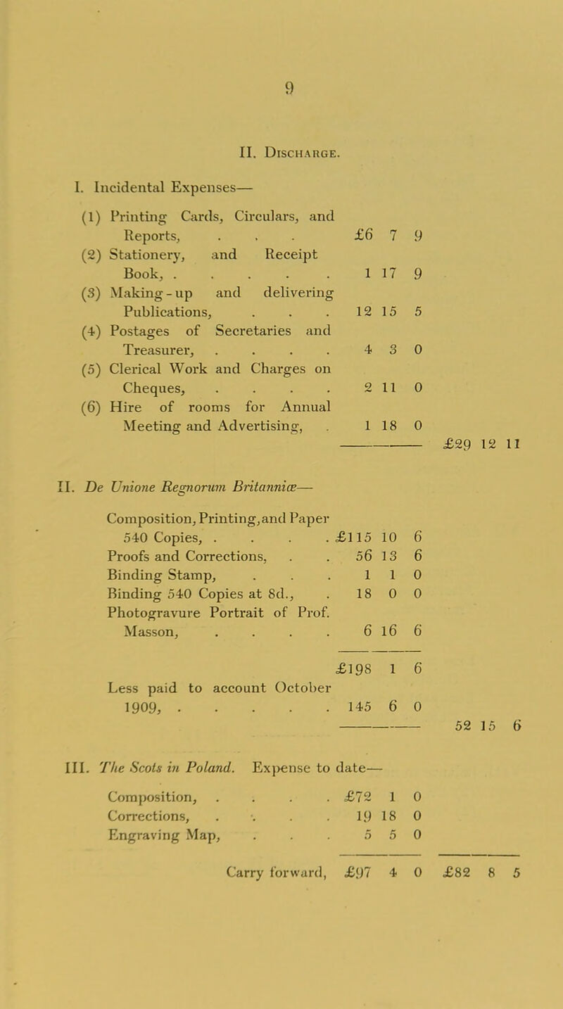 II. Discharge. I. Incidental Expenses— (1) Printing Cards, Circulars, and Reports, £6 7 9 (2) Stationery, and Receipt Book, ..... 1 17 9 (3) Making-up and delivering Publications, 12 15 5 (4) Postages of Secretaries and Treasurer, .... 4 3 0 (5) Clerical Work and Charges on Cheques, .... 2 11 0 (6) Hire of rooms for Annual Meeting and Advertising, 1 18 0 £29 12 II II. De Unione Regnorum Britannice— Composition, Printing, and Paper 540 Copies, . . . . £l 15 10 6 Proofs and Corrections, 56 13 6 Binding Stamp, 1 1 0 Binding 540 Copies at 8d., 18 0 0 Photogravure Portrait of Prof. Masson, . . . . 6 16 6 £198 1 6 Less paid to account October 1909, • . 145 6 0 The Scots in Poland. Exj>ense to date— Composition, . £72 l 0 Corrections, 19 18 0 Engraving Map, . . . 5 5 0 Carry forward, £97 4 0 £82 8 5