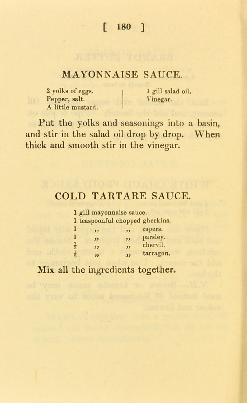 MAYONNAISE SAUCE. 2 yolks of eggs. 1 gill salad oil. Pepper, salt. Mnegar. A little mustard. Put the yolks and seasonings into a basin, and stir in the salad oil drop by drop. When thick and smooth stir in the vinegar. COLD TARTARE SAUCE. 1 gill mayonnaise sauce. 1 teaspoouful chopped gherkins. 1 ,, ,, capers. 1 „ „ parsley. I „ „ chervil. h » « tarragon. Mix all the ingredients together.
