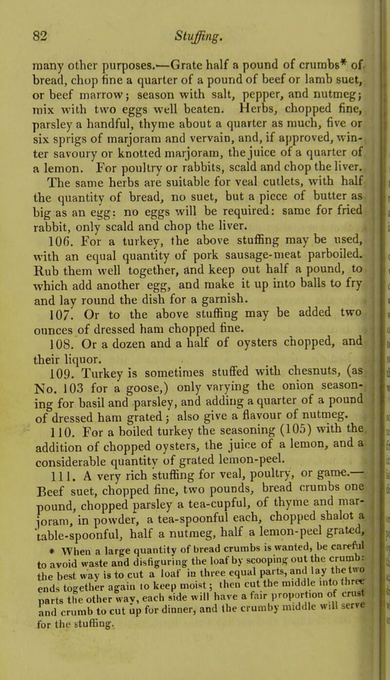 many other purposes.—Grate half a pound of crumbs* of. bread, chop tine a quarter of a pound of beef or lamb suet, or beef marrow; season with salt, pepper, and nutmeg; mix with two eggs well beaten. Herbs, chopped fine, parsley a handful, thyme about a quarter as much, five or six sprigs of marjoram and vervain, and, if approved, win- ter savoury or knotted marjoram, the juice of a quarter of a lemon. For poultry or rabbits, scald and chop the liver. The same herbs are suitable for veal cutlets, with half the quantity of bread, no suet, but a piece of butter as big as an egg: no eggs will be required: same for fried rabbit, only scald and chop the liver. 106. For a turkey, the above stuffing maybe used, with an equal quantity of pork sausage-meat parboiled. Rub them well together, and keep out half a pound, to which add another egg, and make it up into balls to fry and lay round the dish for a garnish. 107. Or to the above stuffing may be added two ounces of dressed ham chopped fine. 108. Or a dozen and a half of oysters chopped, and their liquor. 109. Turkey is sometimes stuffed with chesnuts, (as No. 103 for a goose,) only varying the onion season- ing for basil and parsley, and adding a quarter of a pound of dressed ham grated ; also give a flavour of nutmeg. 110. For a hoiled turkey the seasoning (105) with the addition of chopped oysters, the juice of a lemon, and a considerable quantity of grated lemon-peel. 111. A very rich stuffing for veal, poultry, or game. Beef suet, chopped fine, two pounds, bread crumbs one pound, chopped parsley a tea-cupful, of thyme and mar- joram, in powder, a tea-spoonful each, chopped shalot a 'table-spoonful, half a nutmeg, half a lemon-peel grated, * When a large quantity of bread crumbs is wanted, be careffil to avoid waste and disfiguring the loaf by scooping out the crumb: the best way is to cut a loaf in three equal parts, and lay the tvo ends together again to keep moist; then cut the middle into three parts the other way, each side will have a fa.r proportion of crust and crumb to cut up for dinner, and the crumby middle will serve for the stuffing.